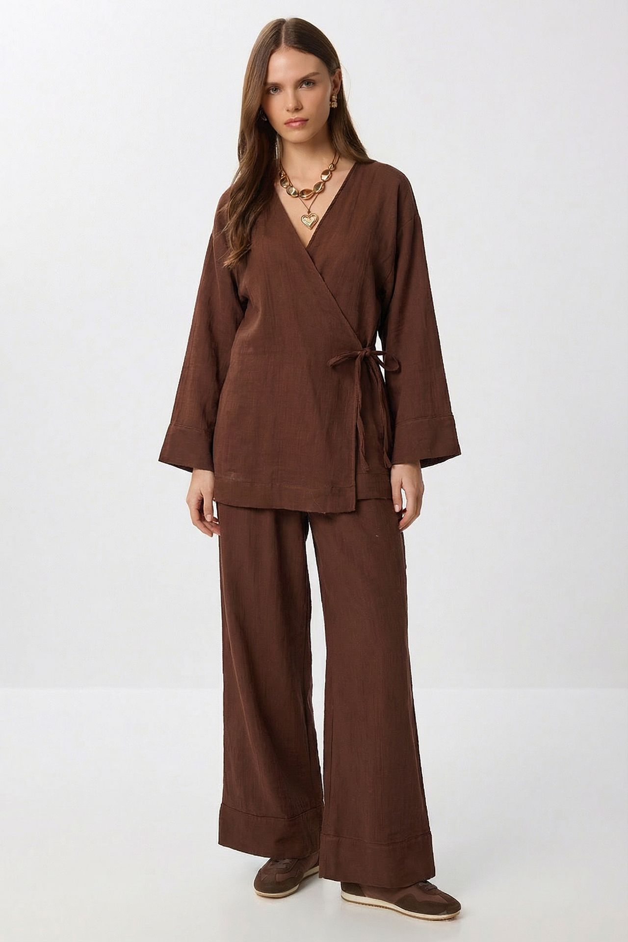ISTANBUL High Waist Wide Leg Pants & V-Neck Tie Detail Blouse Co-ord Set 2