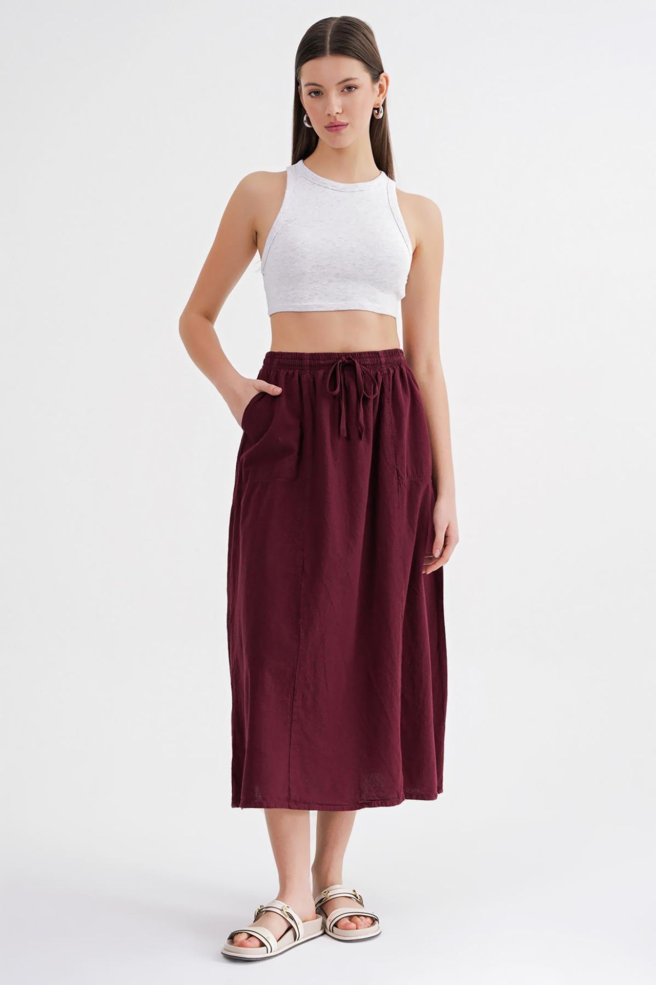Mixray High-Waisted Poplin Skirt with Drawstring Detail 3
