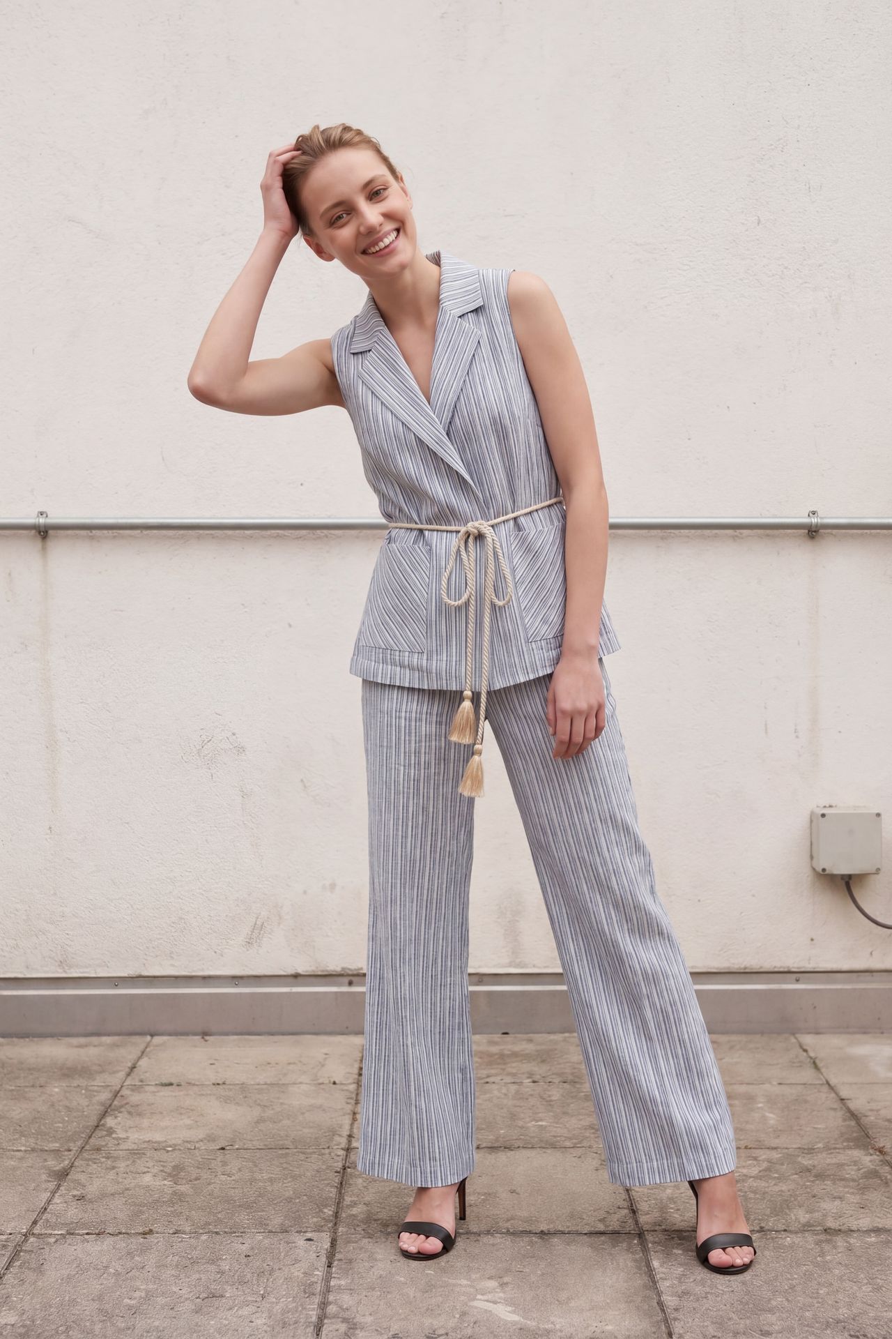 MY FASHION Striped Shawl-Collar Vest and Wide-Leg Trousers Set 2