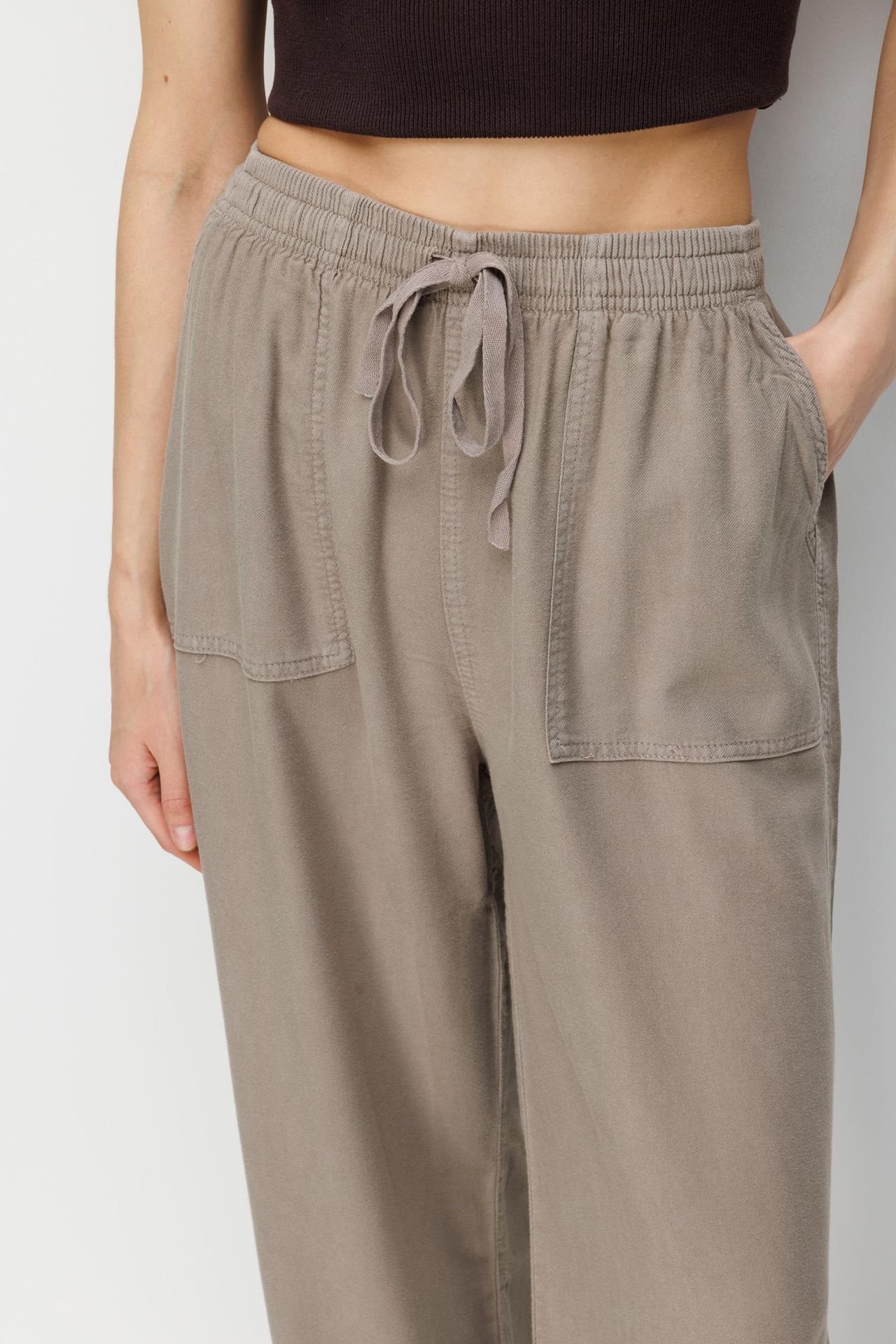 MIXRAY Mid Waist Straight Leg Cotton Pants with Tie Closure 5