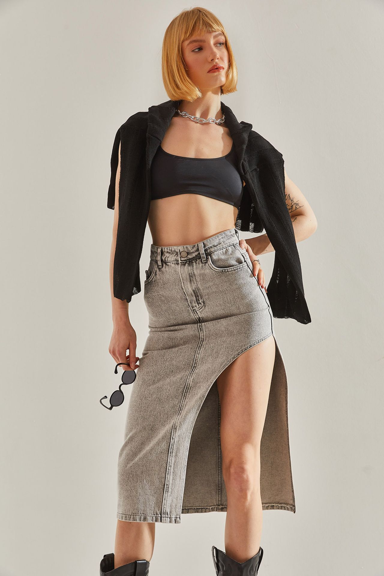 LUCCI High Waist Slit Midi Denim Skirt