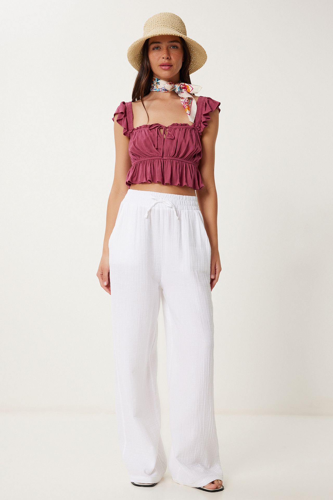 ISTANBUL Wide Leg Drawstring Waist Pants with Binding Detail 3