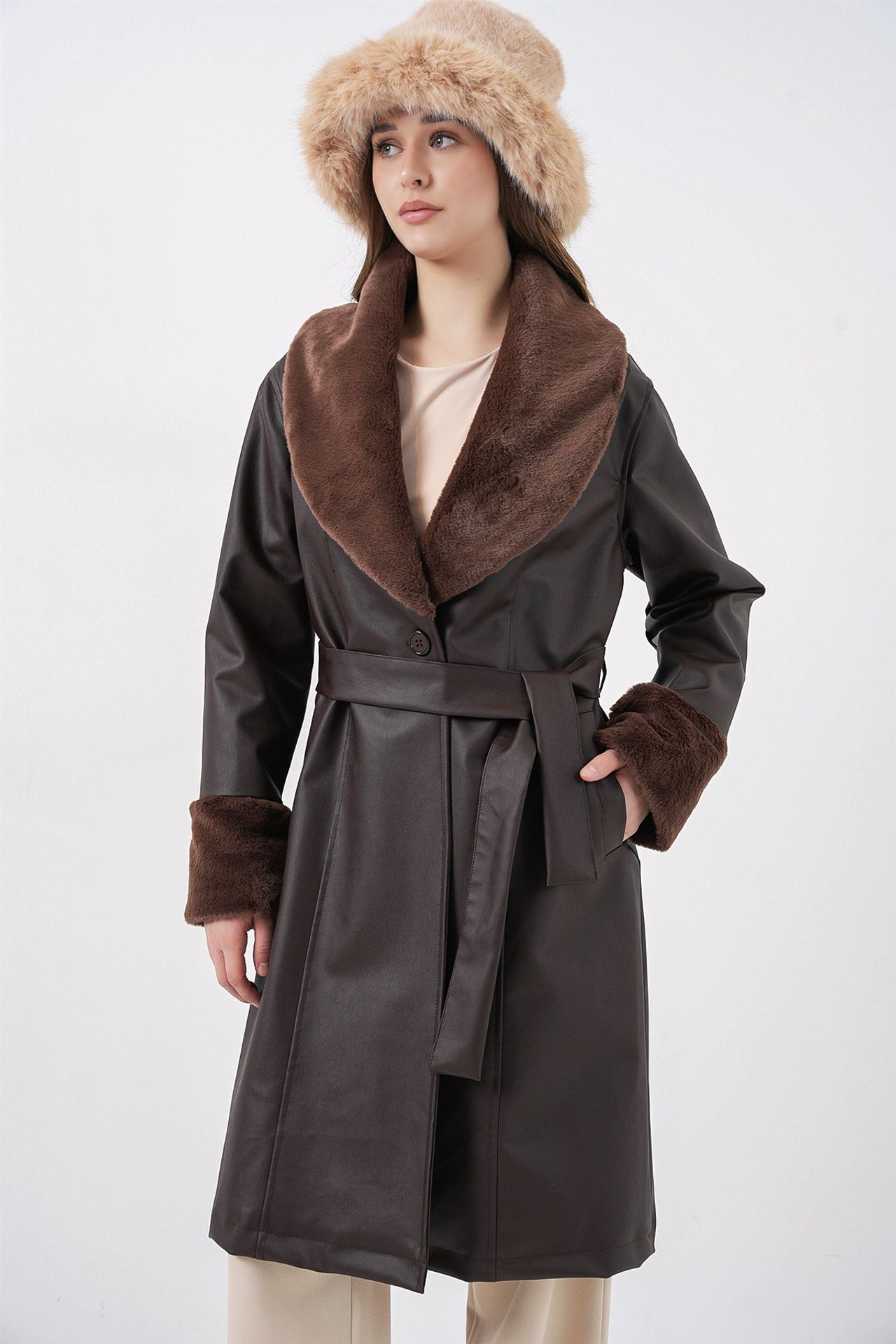 BDART Long Faux Leather Coat with Shawl Collar