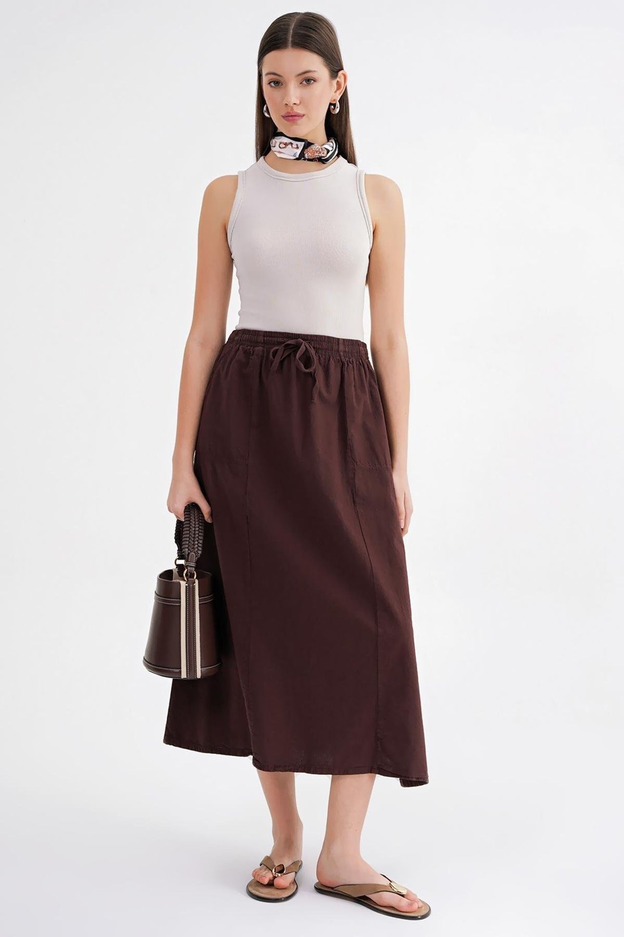 Mixray High-Waisted Poplin Skirt with Drawstring Detail 2