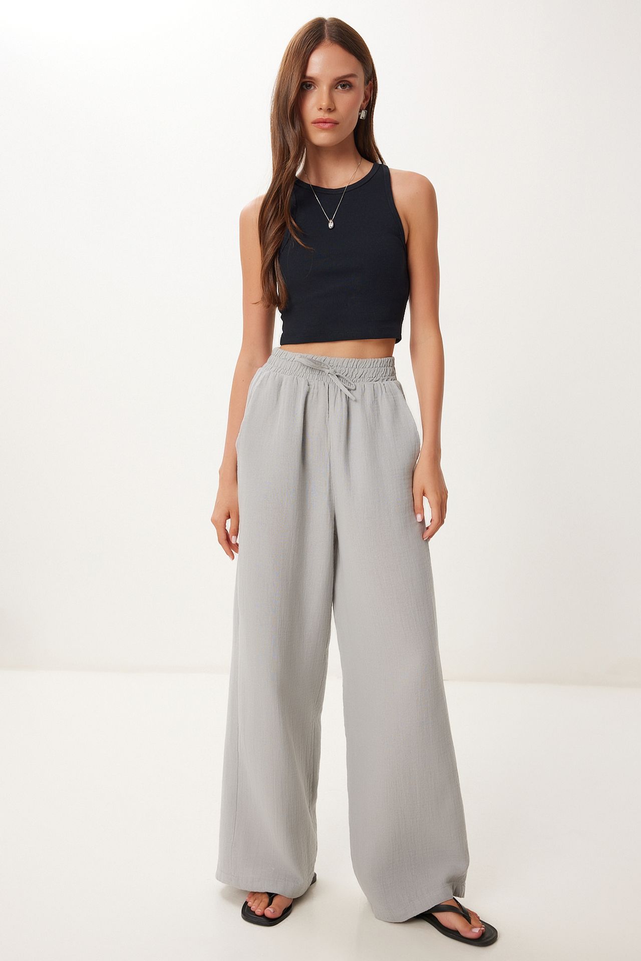 ISTANBUL Wide Leg Drawstring Waist Pants with Binding Detail 3