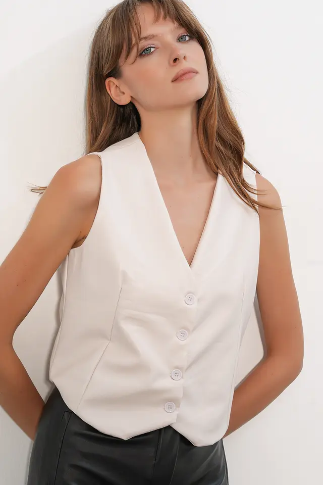 BDART Faux Leather V-Neck Buttoned Crop Vest