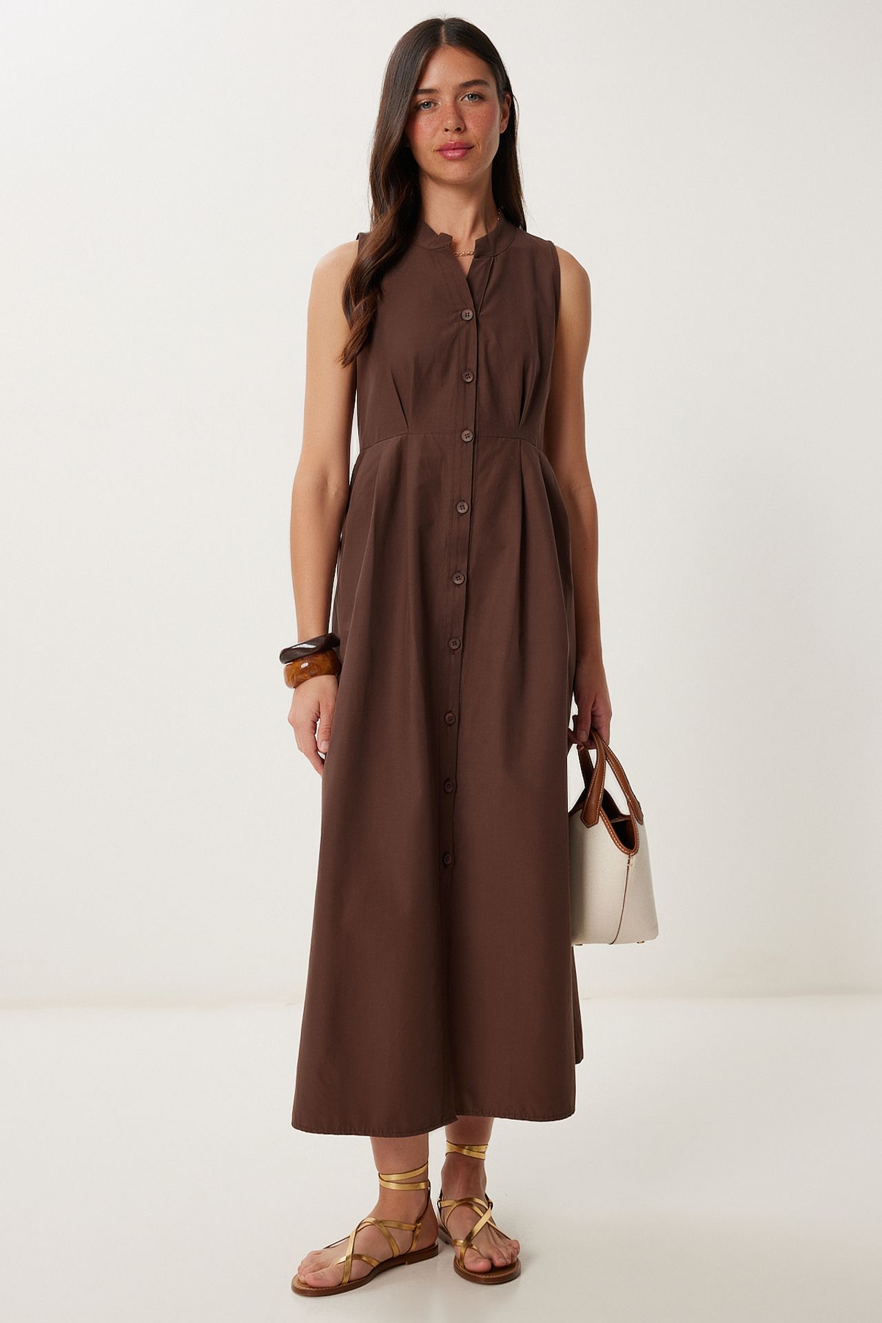 ISTANBUL Mandarin Collar Sleeveless A-Line Midi Dress 3