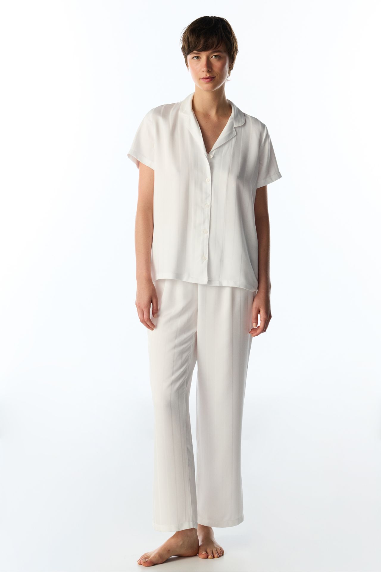 PENTI Broken Sophia Satin Striped Short Sleeve Shirt Trousers Pajama Set 1
