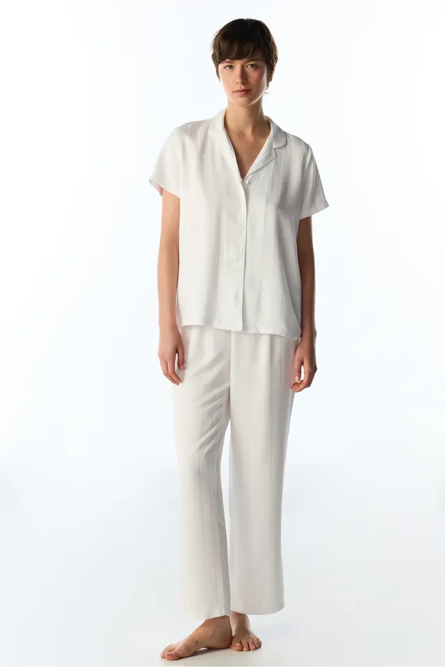 PENTI Broken Sophia Satin Striped Short Sleeve Shirt Trousers Pajama Set