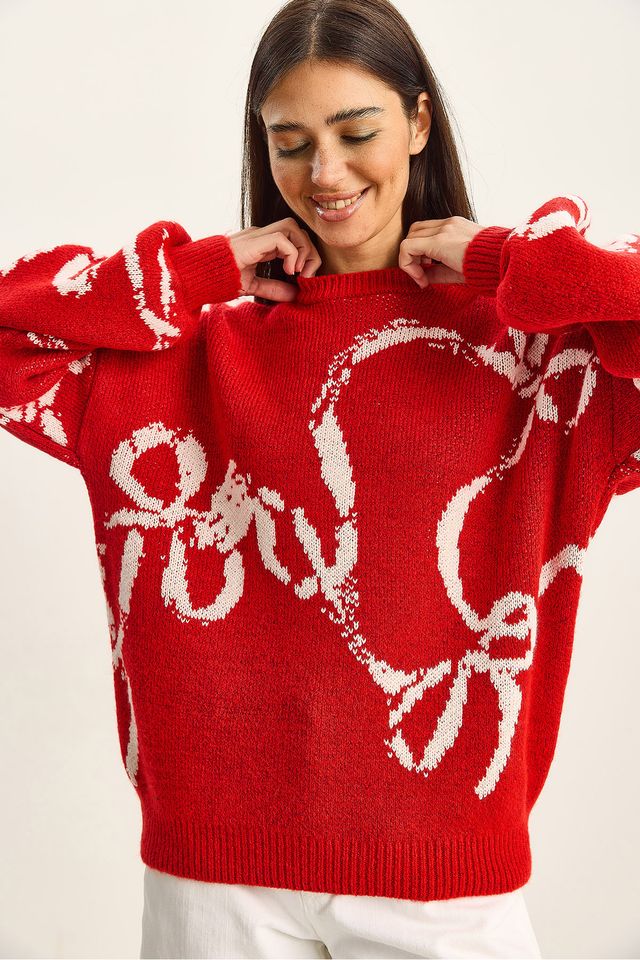 LUCCI Oversized Crew Neck Printed Knit Sweater