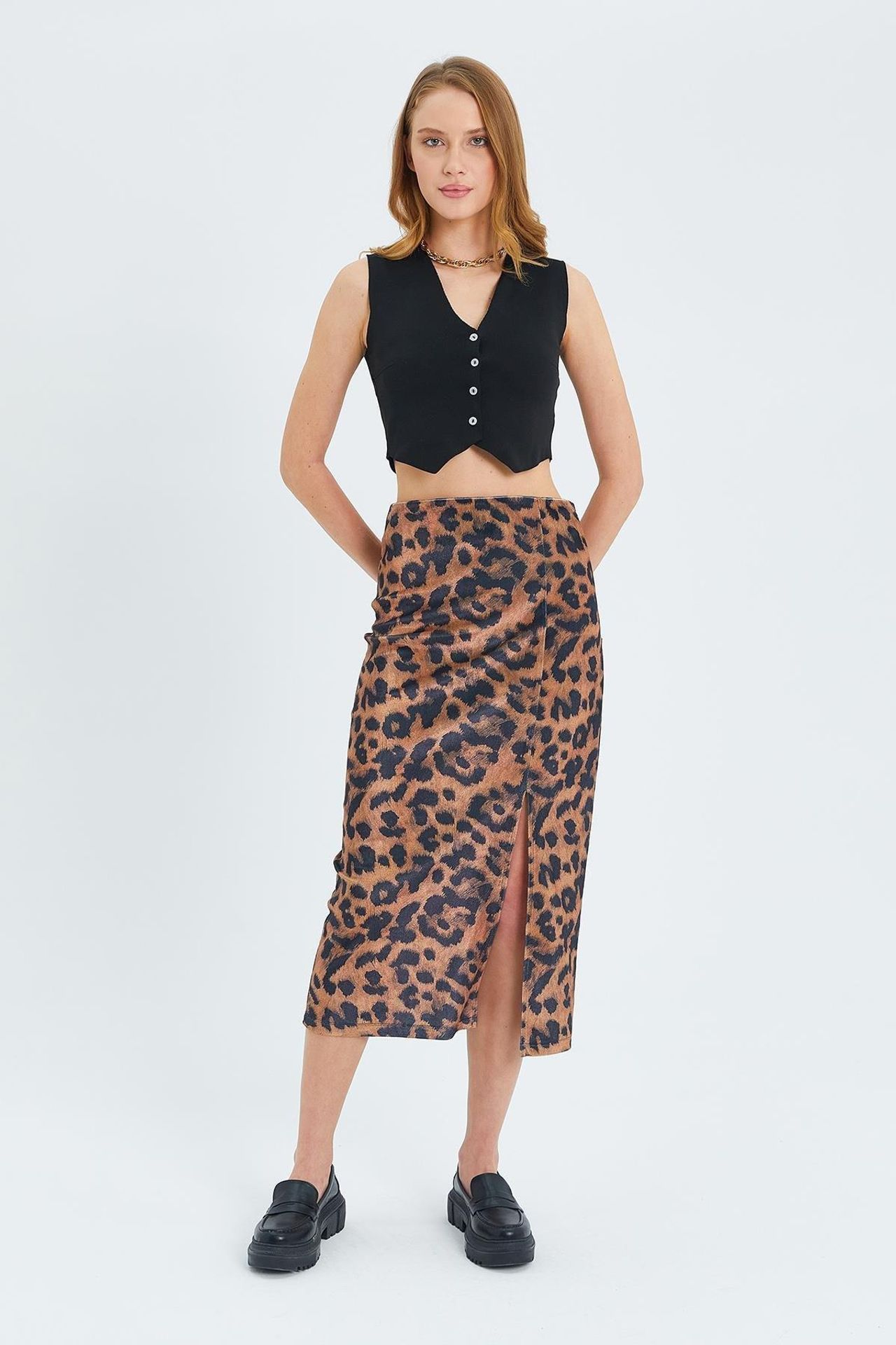 Mixray Leopard Print High Waist Midi Skirt with Slit 1