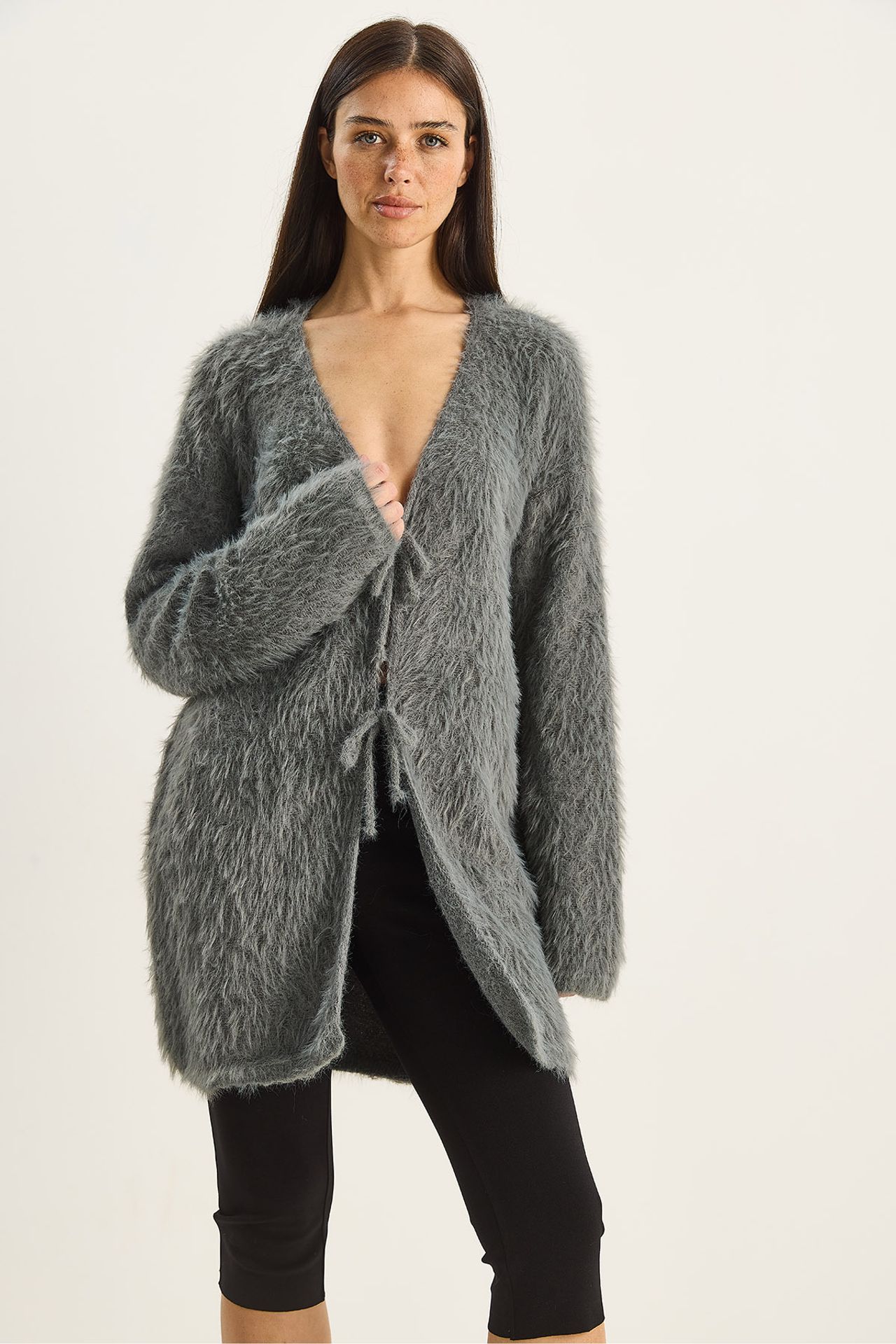 LUCCI Textured V-Neck Midi Cardigan with Tie Closure 5
