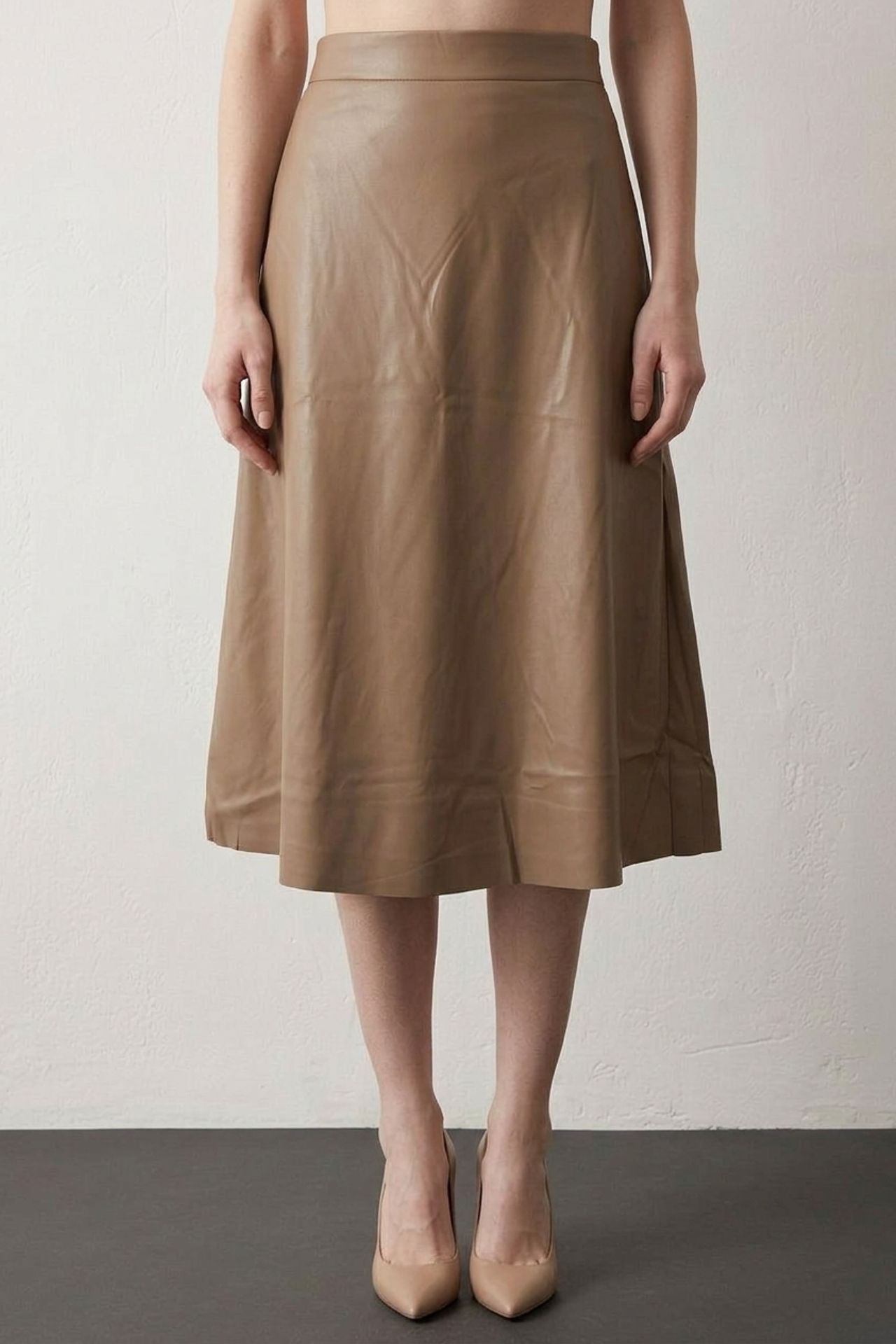 MY FASHION High-Waist Midi A-Line Faux Leather Skirt 2