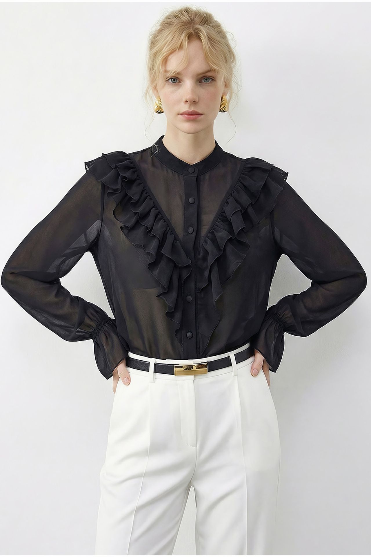 LUCCI Frilly Mandarin Collar Long Sleeve Chiffon Shirt 2