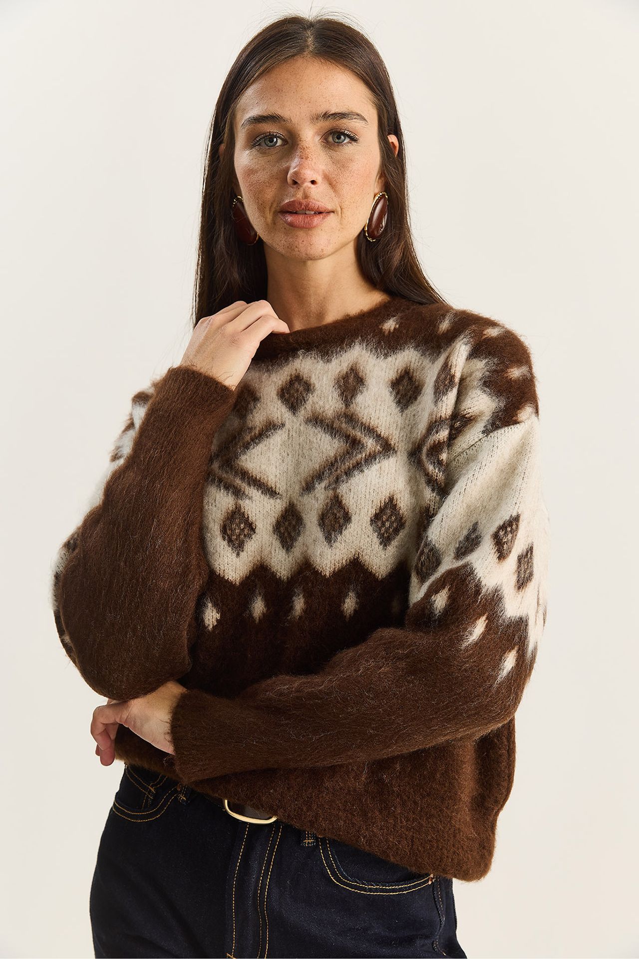 LUCCI Ethnic Pattern Thick Knit Sweater with Crew Neck 5
