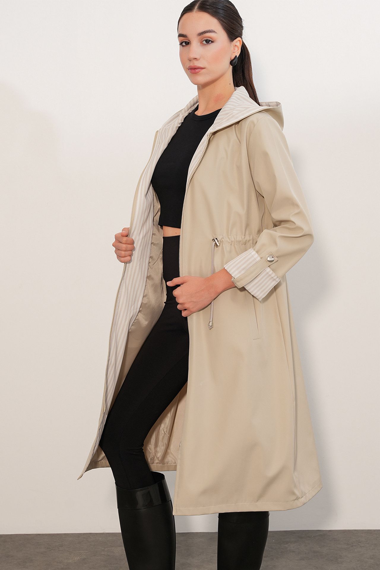 BDART Hooded Long Striped Trench Coat with Drawstring Waist 3