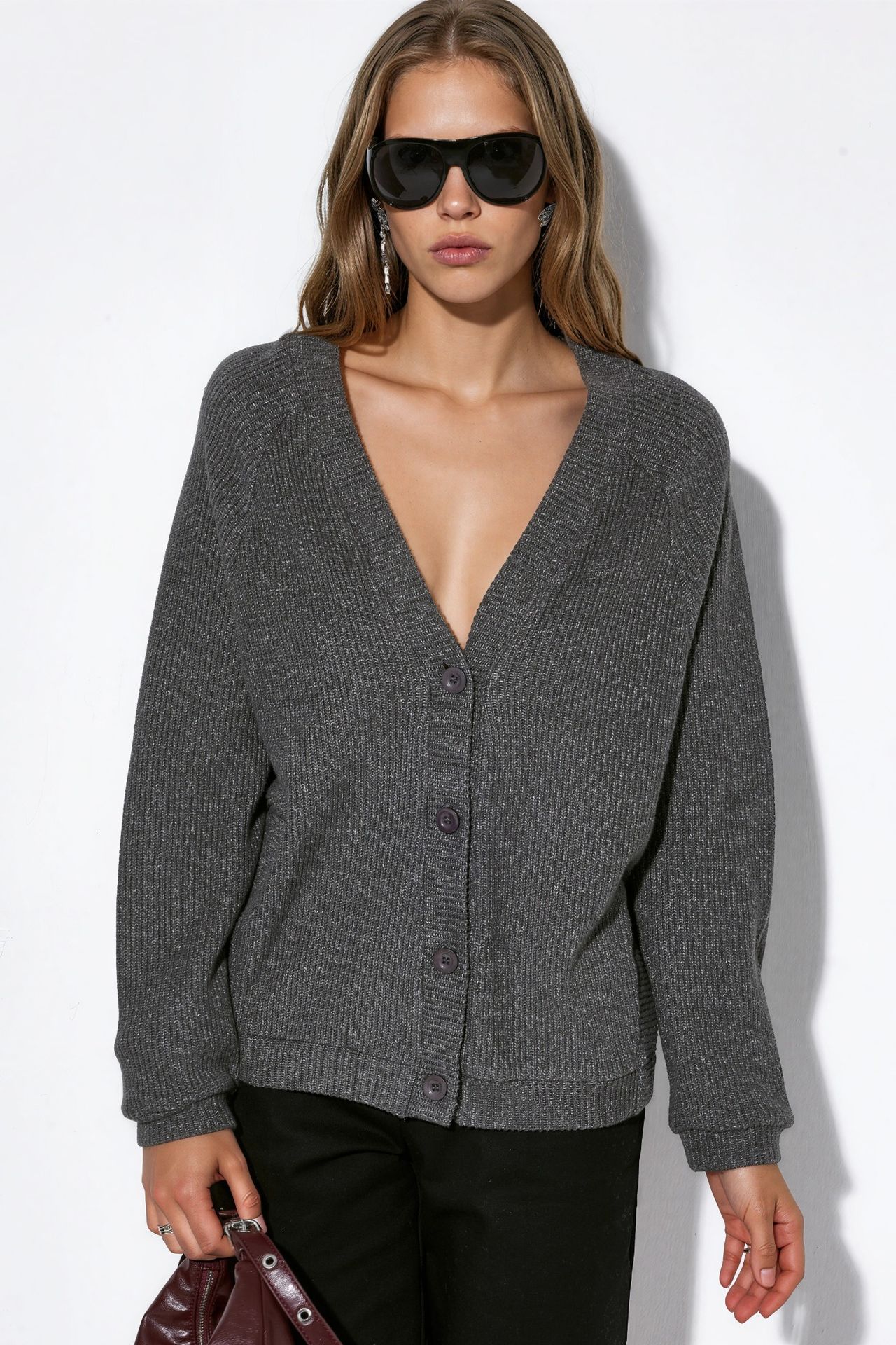 BUSEM Ribbed V-Neck Button Cardigan 1
