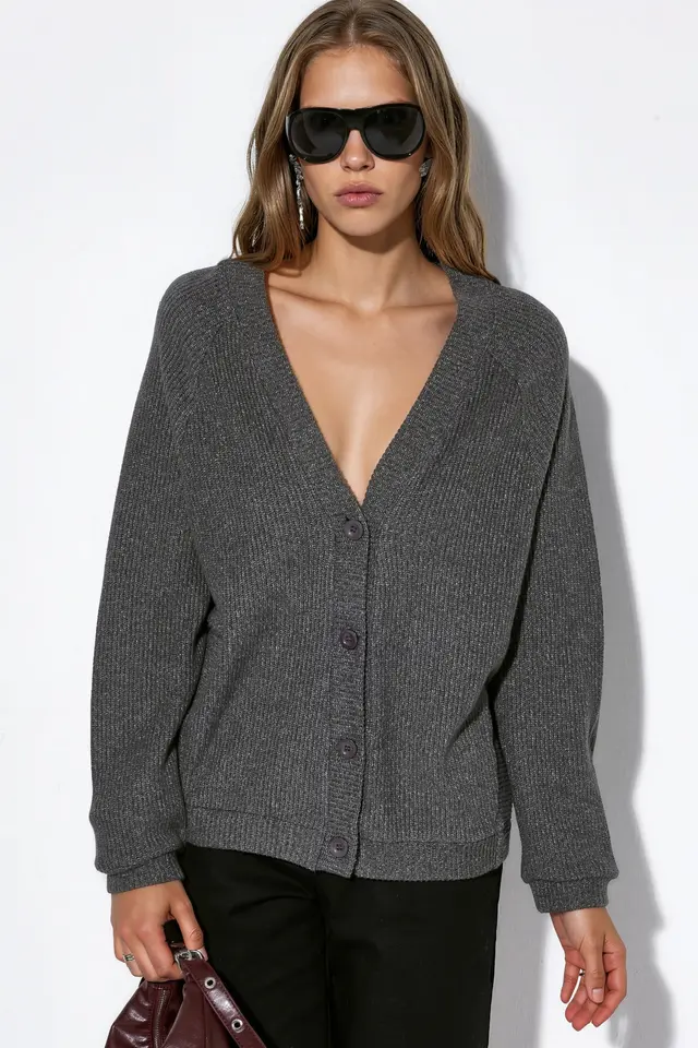 BUSEM Ribbed V-Neck Button Cardigan