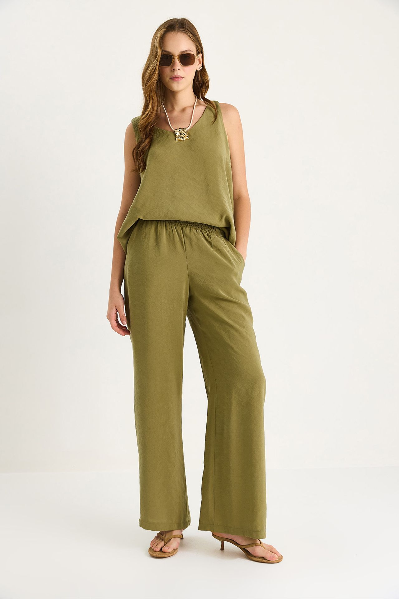 LUCCI V-Neck Cotton Blouse-Pants Two-Piece Set 5