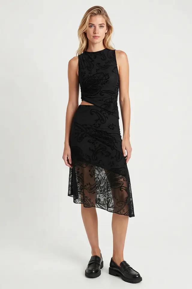 ISTANBUL Patterned Tulle Blouse And Midi Skirt Set