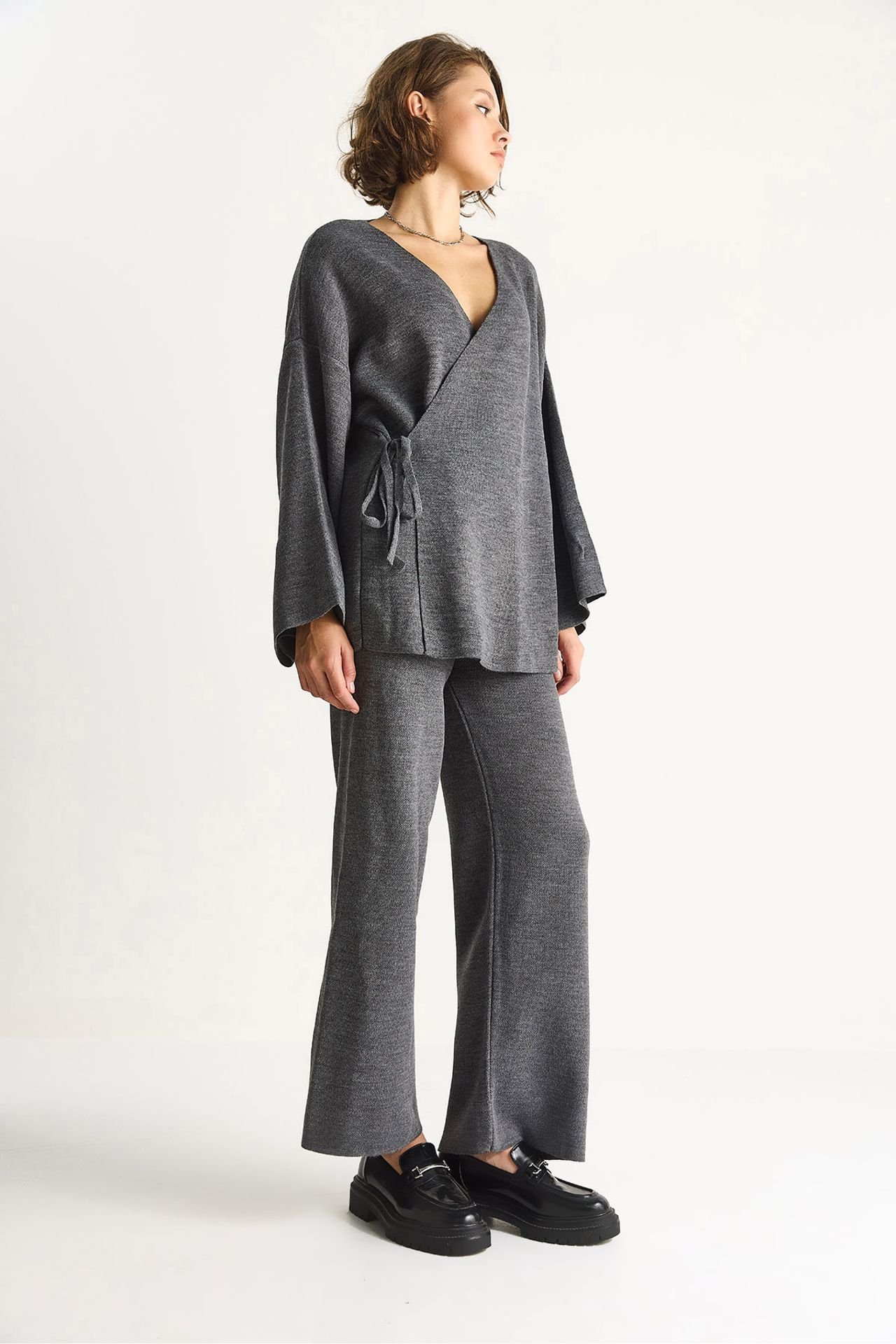 LUCCI Double Breasted Tie Blouse and Wide Leg Pants Set