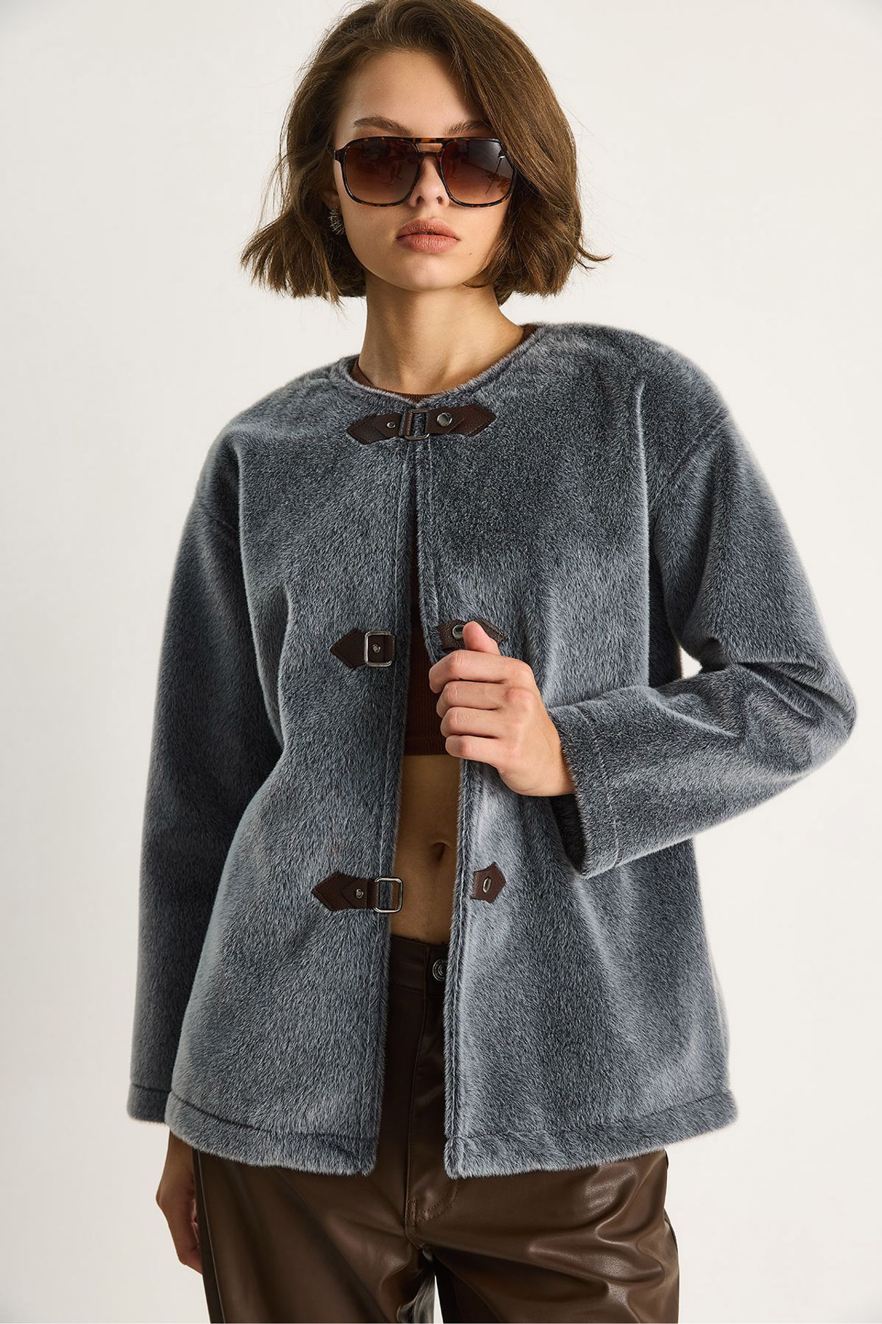 LUCCI Belted Faux Suede Coat 4