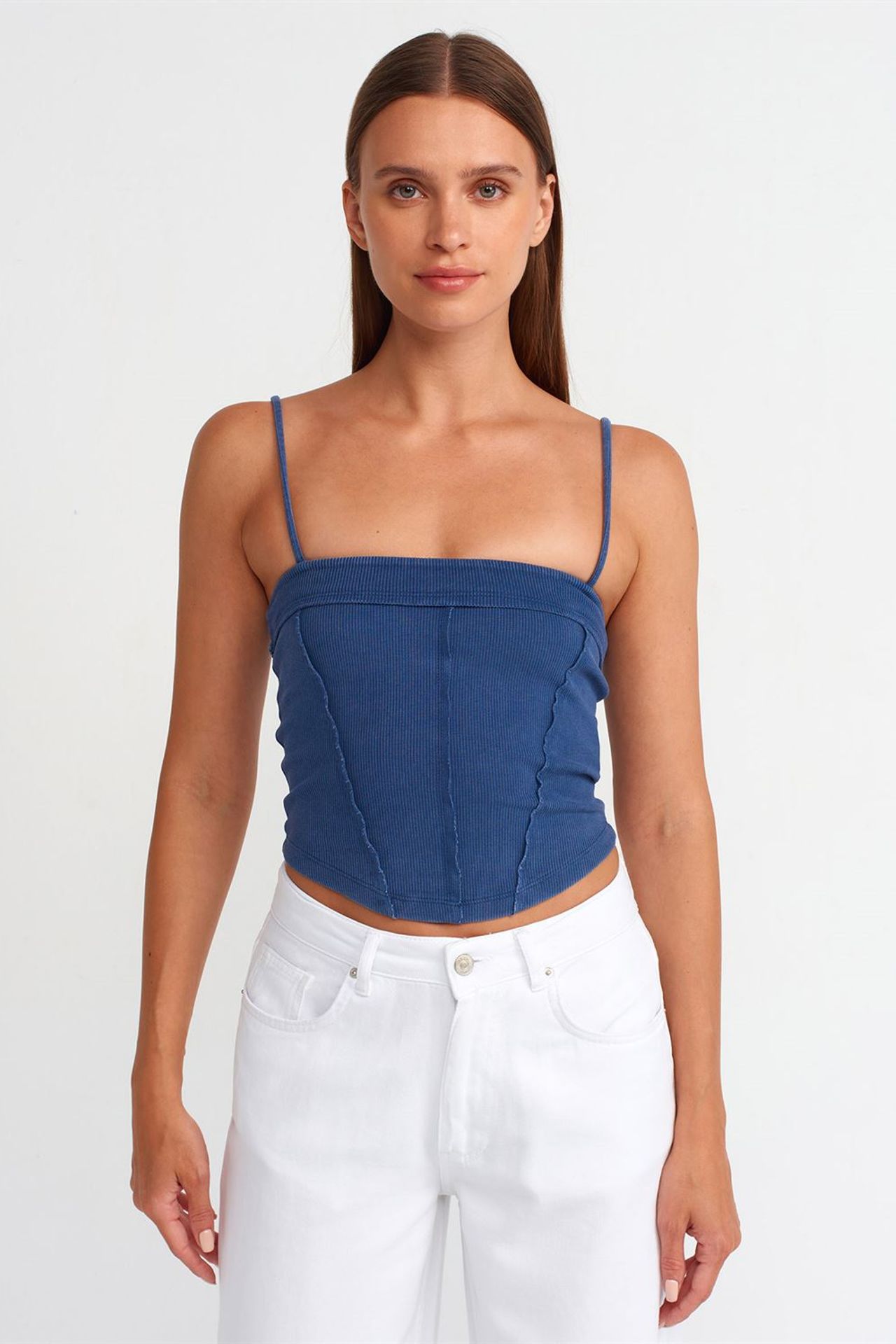 DILVIN Kare Yaka Fitilli Crop Bluz 4
