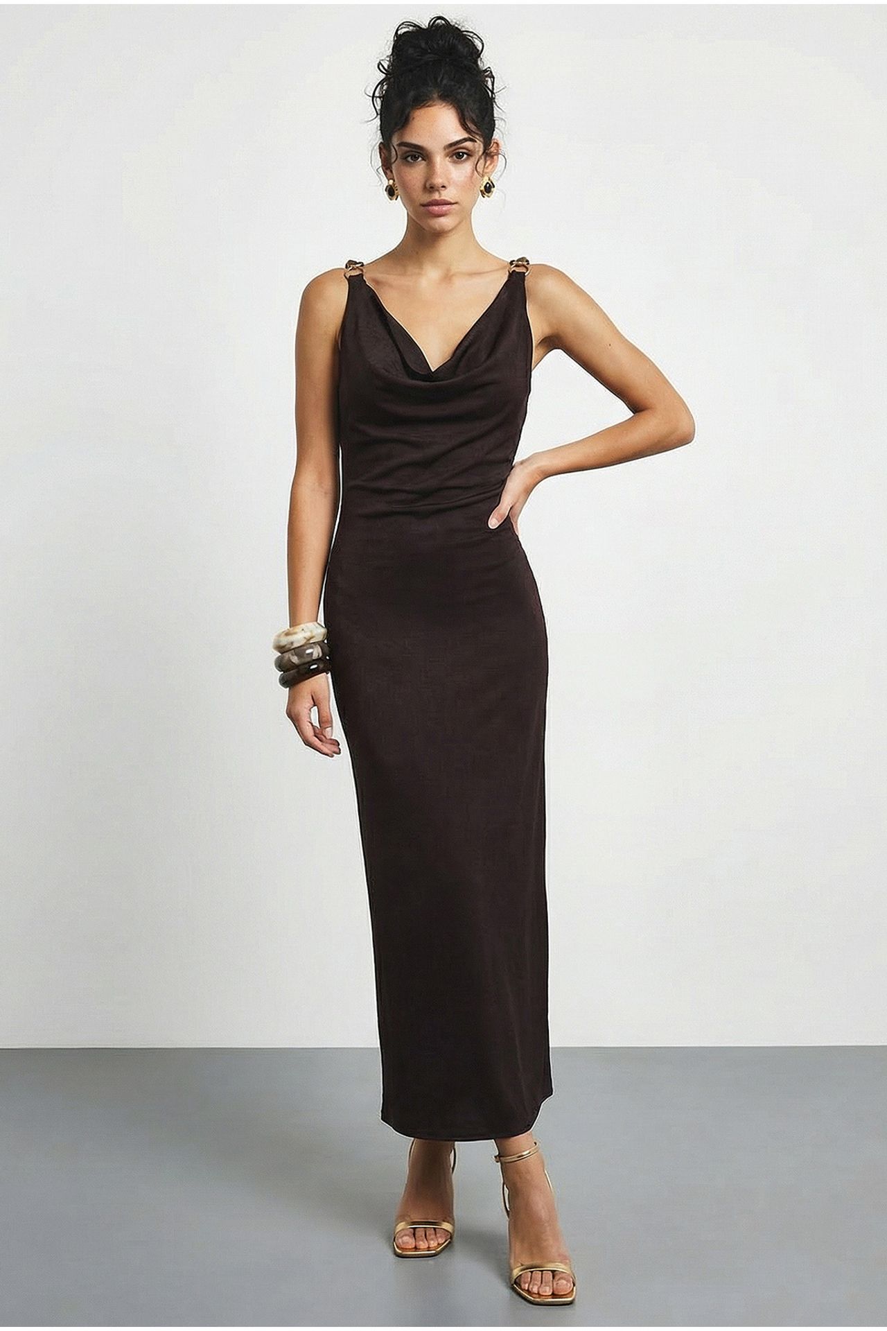 LUCCI Sleeveless Satin Maxi Slip Dress with Cowl Neck and Accessory Detail 4