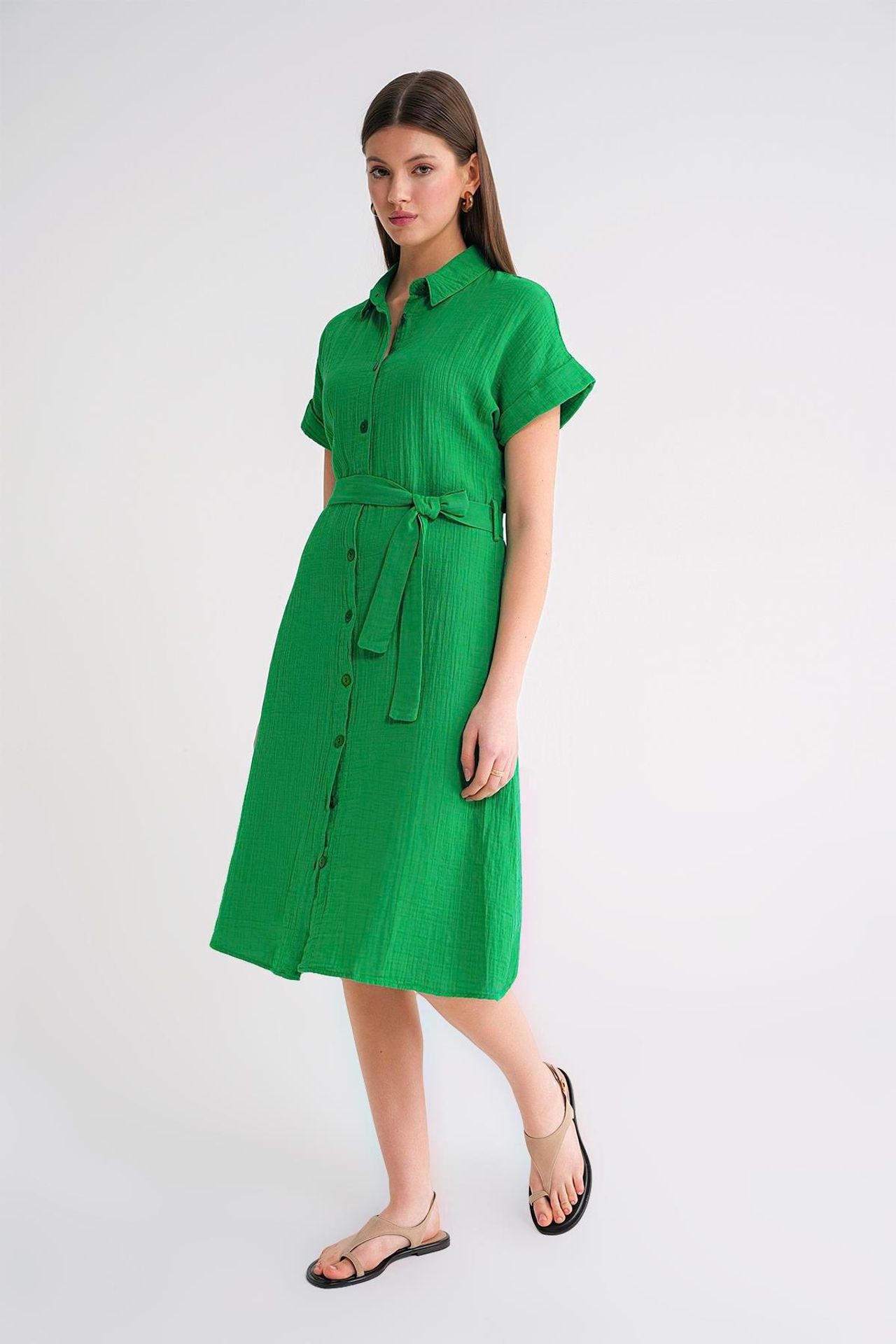 Mixray Relaxed Fit Midi Dress with Shirt Collar and Buttons 5