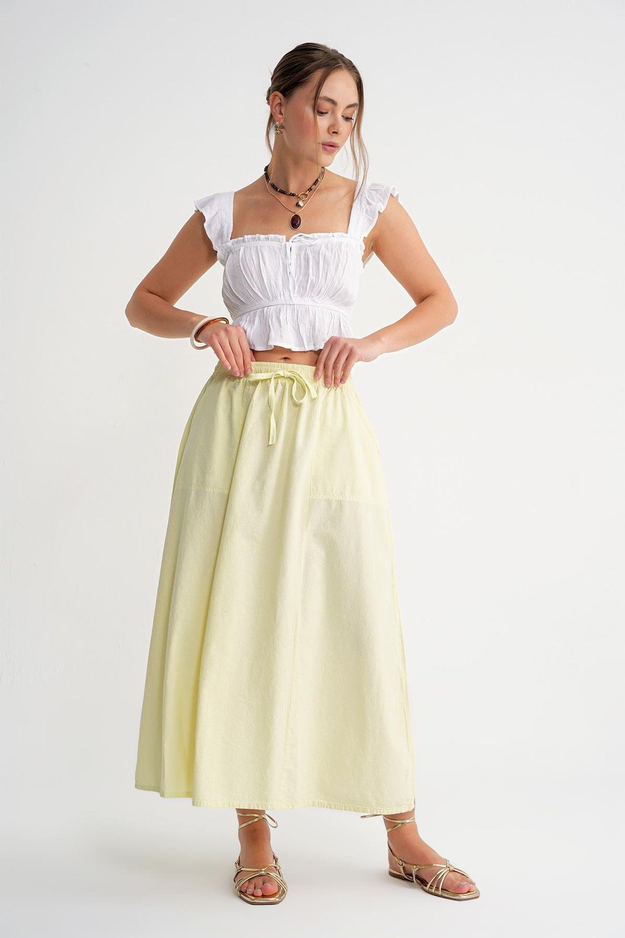 Mixray High-Waisted Poplin Skirt with Drawstring Detail 4