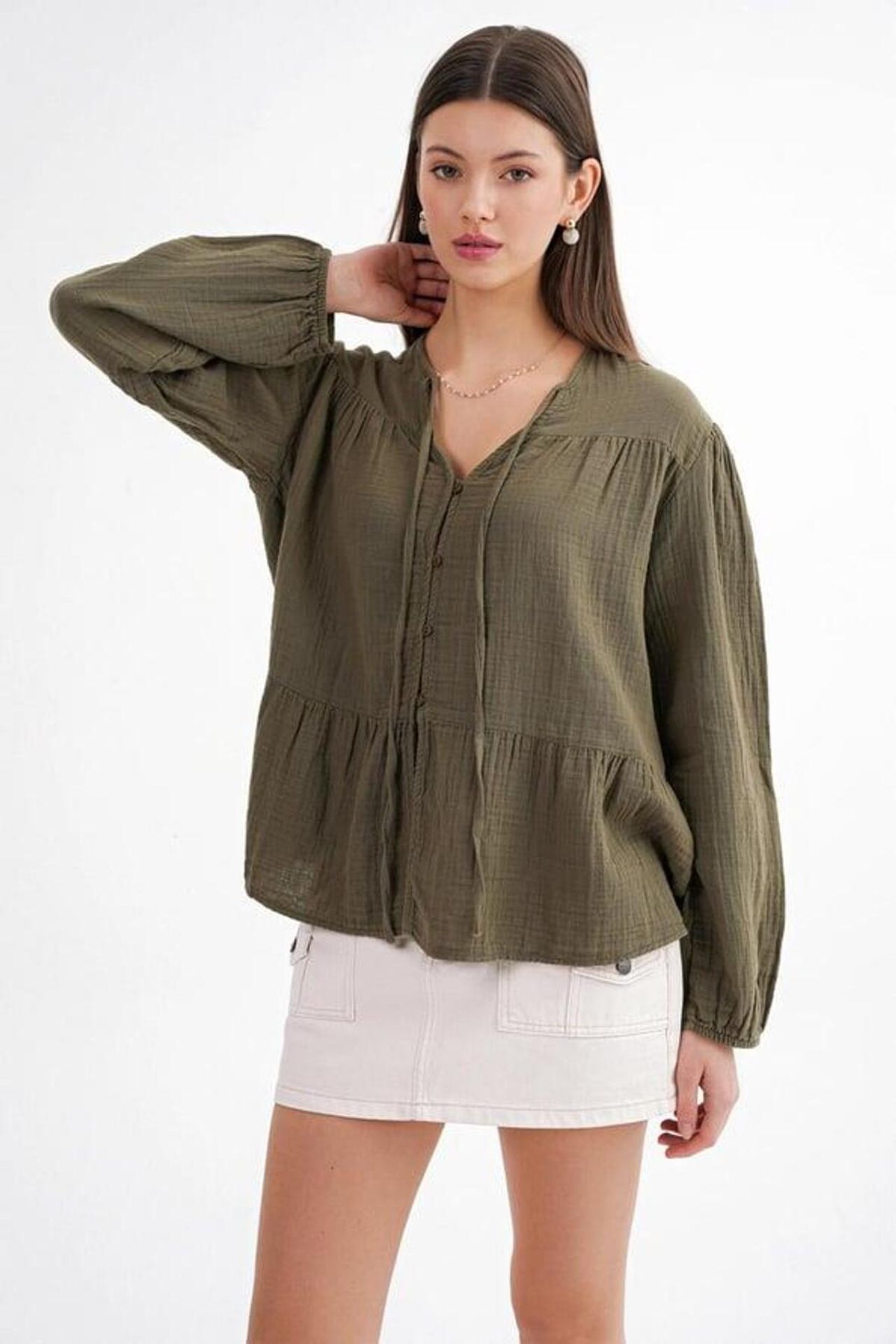 Mixray Long Sleeve Relaxed Fit Blouse with Tie-Neck 4