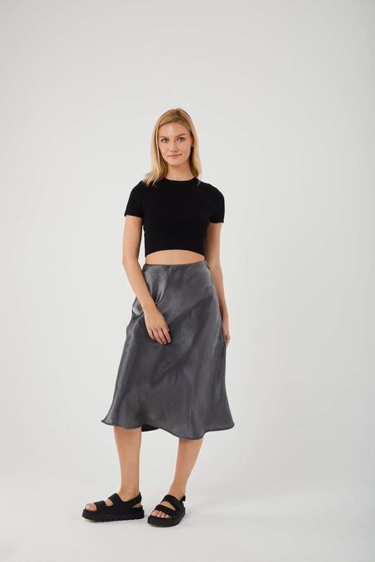 Mixray Satin Midi Skirt with Elastic Waist 2
