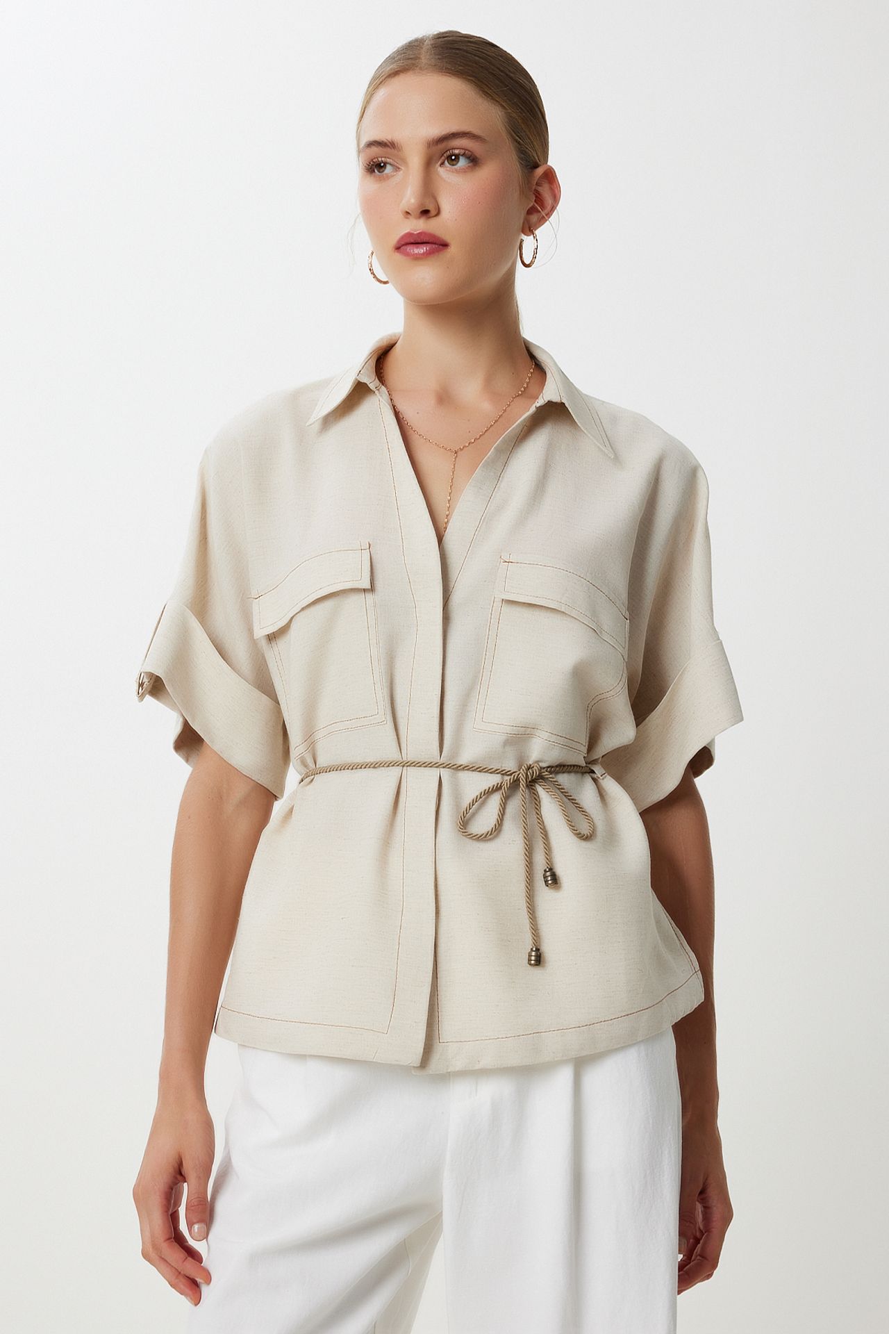 ISTANBUL Loose Fit Drawstring Shirt with Binding Detail 3