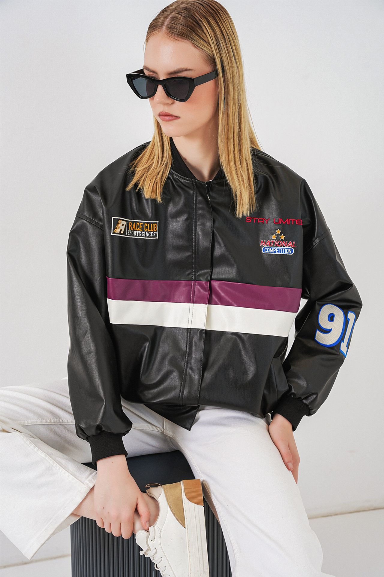 BDART Fitted Crop Faux Leather Bomber Jacket with Bow 4