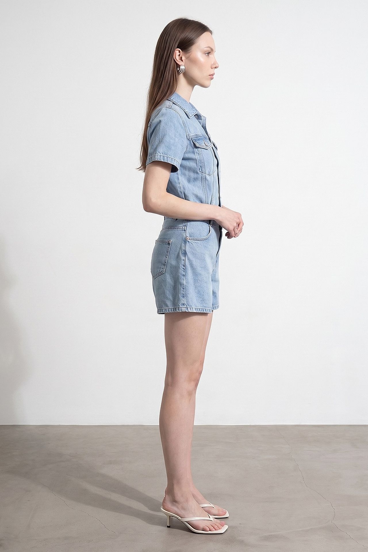DILVIN Denim Dungaree Shorts With Shirt Collar 4