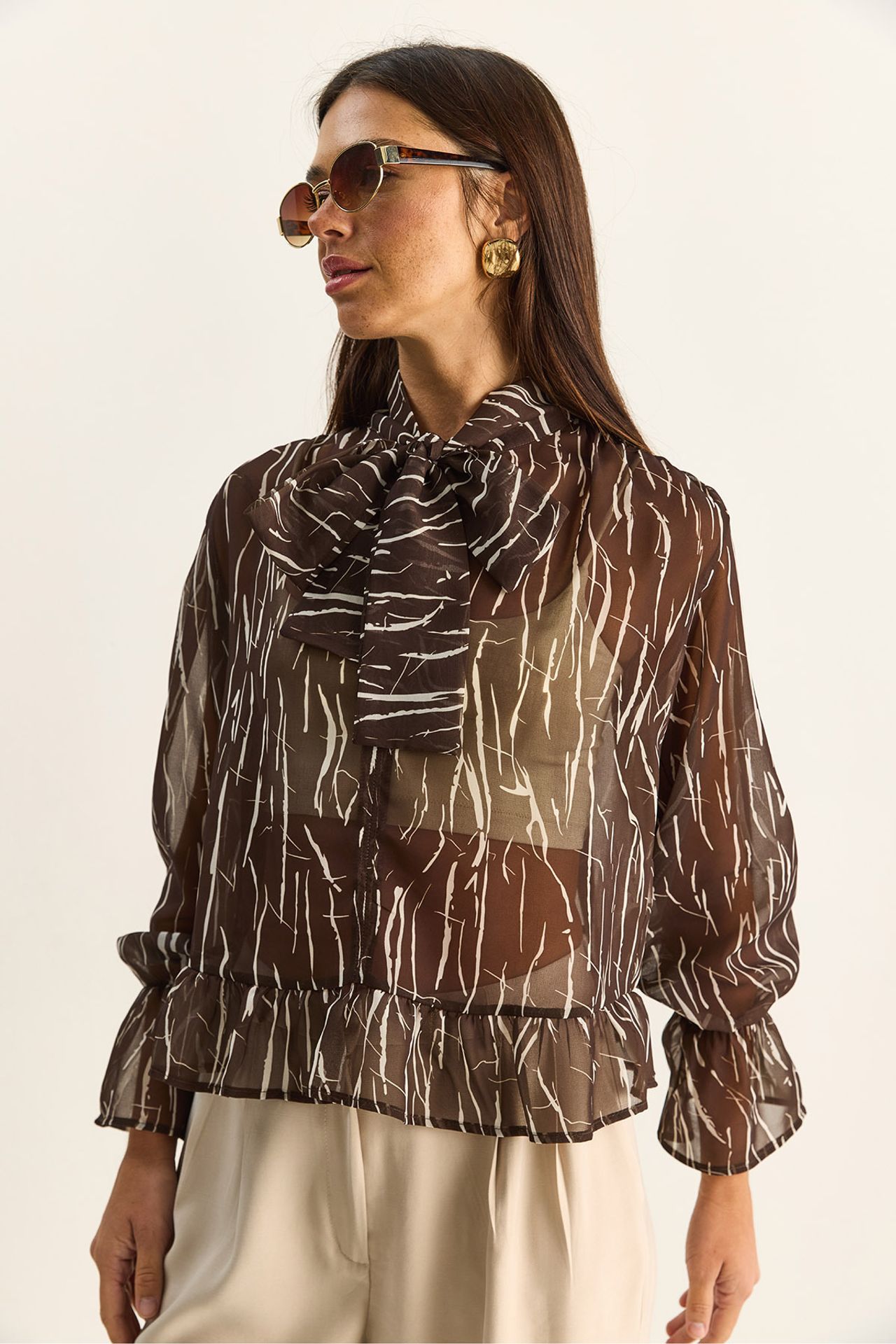 LUCCI Abstract Print Choker Collar Chiffon Blouse with Tie Detail 4