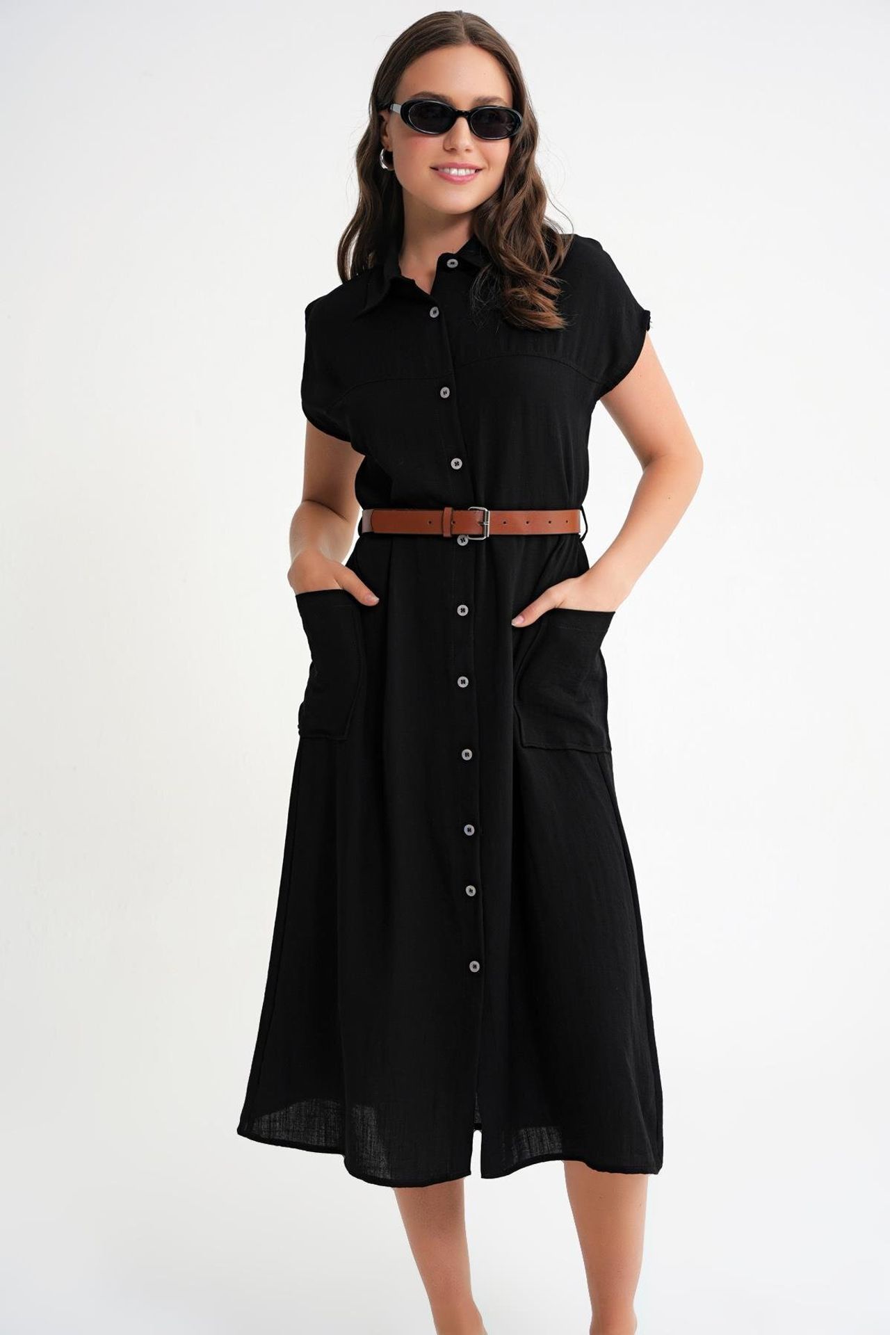 Mixray Midi Dress with Belt Detail and Buttoned Collar 3