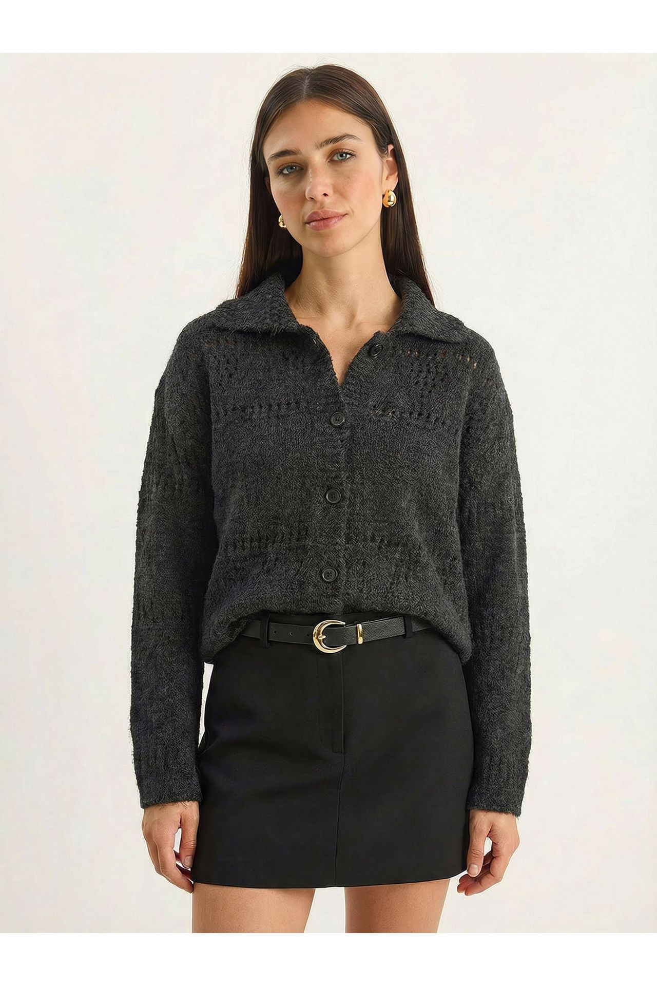 LUCCI Textured Polo Collar Button Cardigan 2