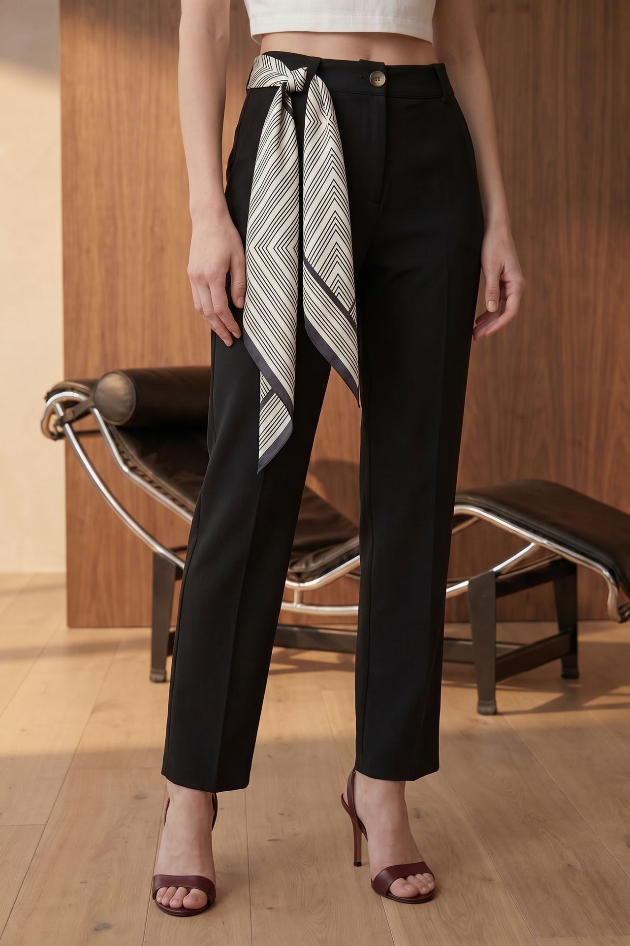 MY FASHION High-Waist Straight-Leg Crepe Trousers with Belt 2