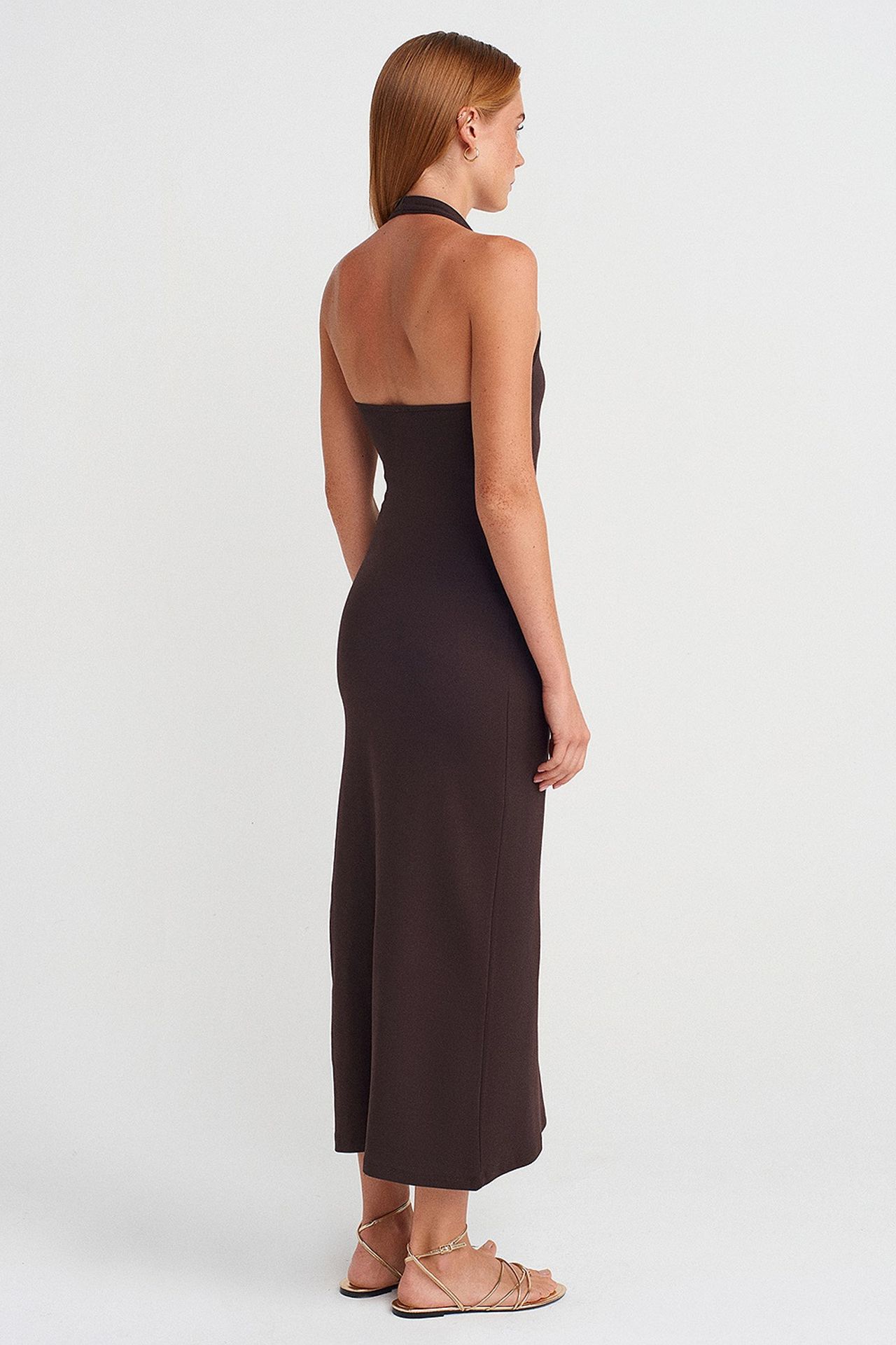 DILVIN Kadın Halter Yaka Bodycon Midi Elbise 2