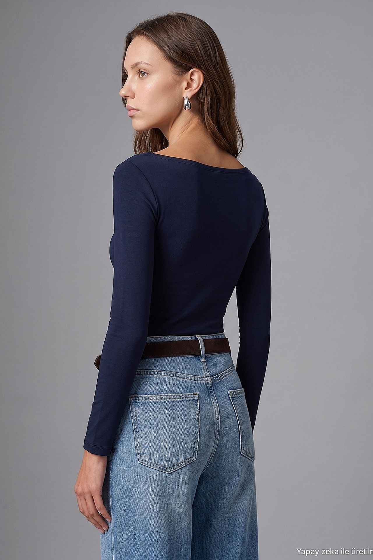 DILVIN Kadın Slim Fit Kayık Yaka Uzun Kollu Bluz 3