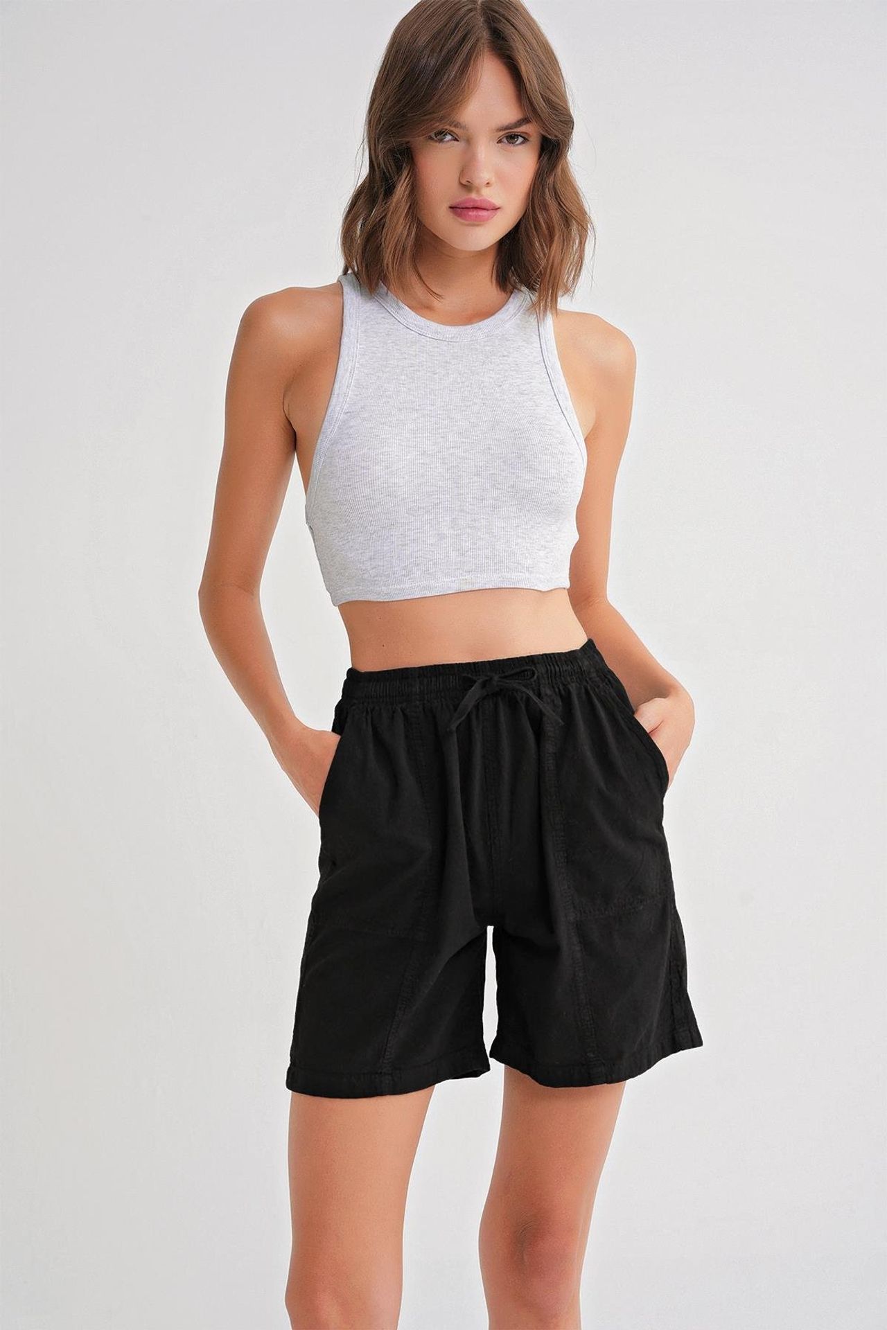 Mixray High Waist Cotton Drawstring Mini Shorts 1
