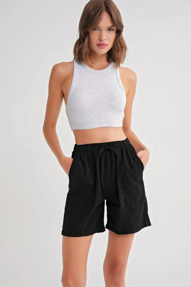 Mixray High Waist Cotton Drawstring Mini Shorts