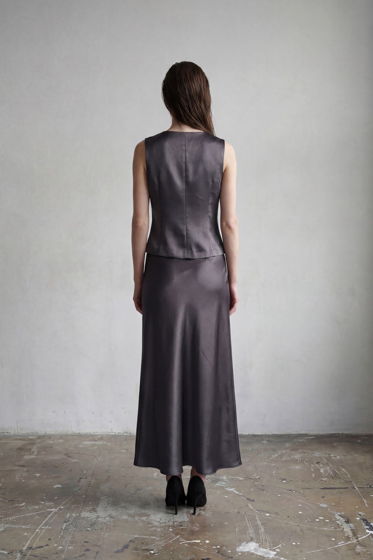 MY FASHION V-Neck Vest & Maxi Skirt Satin Two-Piece Set 2