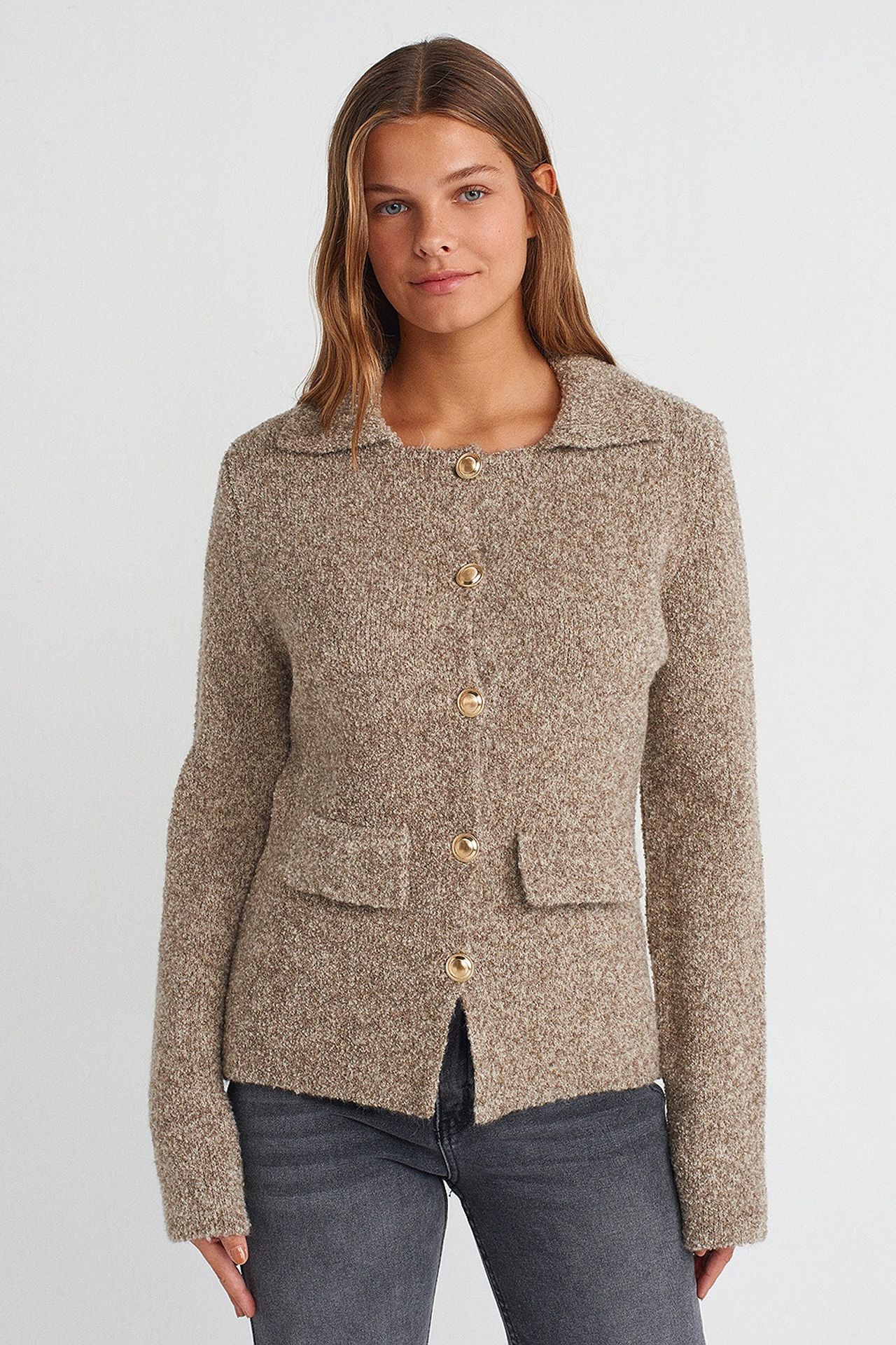 DILVIN Women's Textured Polo Collar Cardigan 1