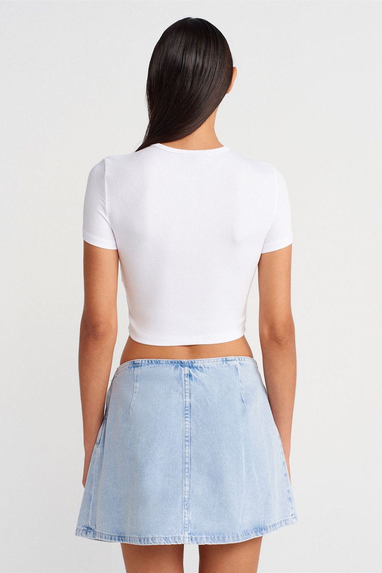 DILVIN Cotton Denim Mini A-Line Skirt With Bow Detail 2