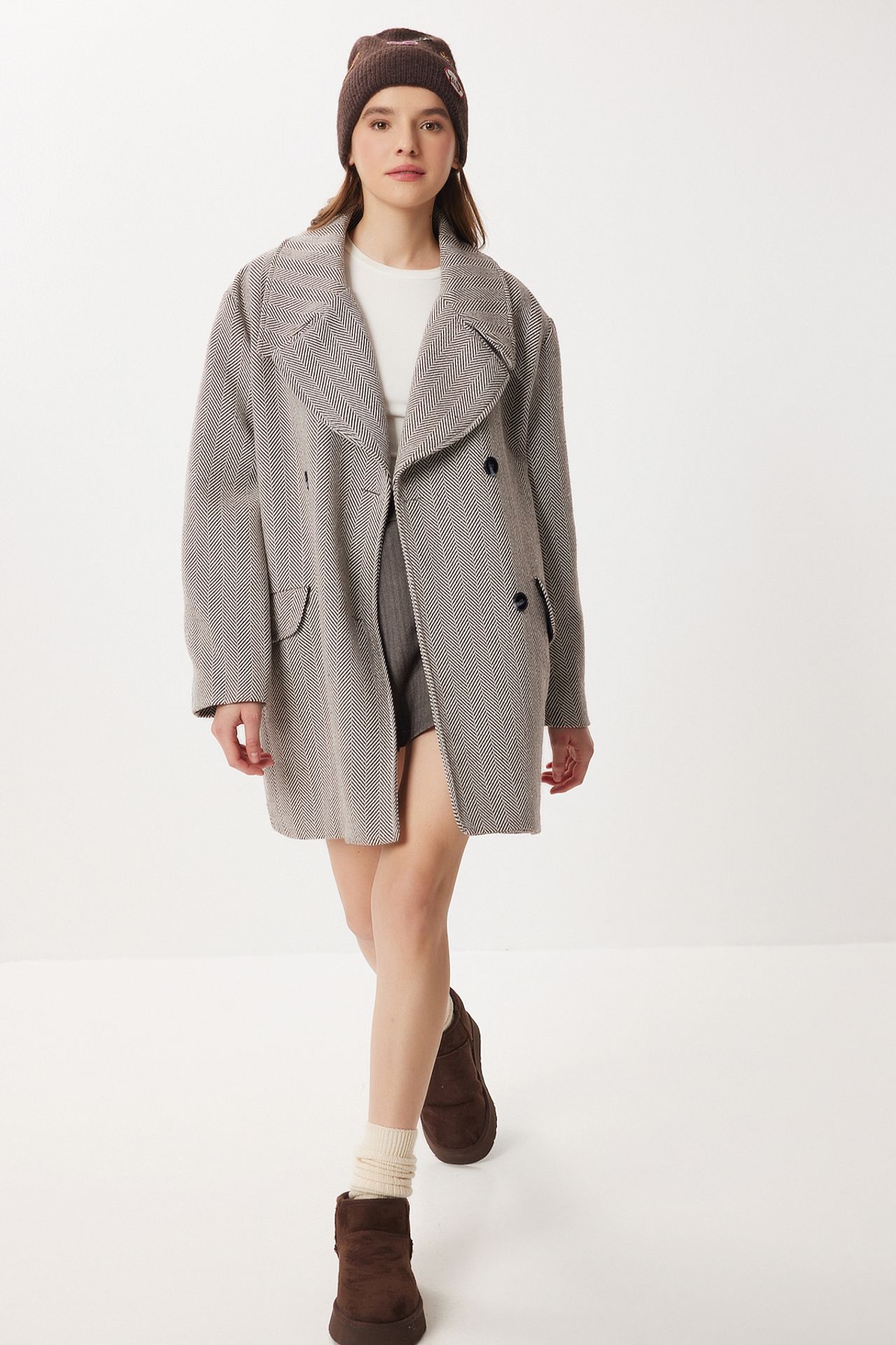 ISTANBUL Oversized Herringbone Wool Cotton Midi Overcoat 2