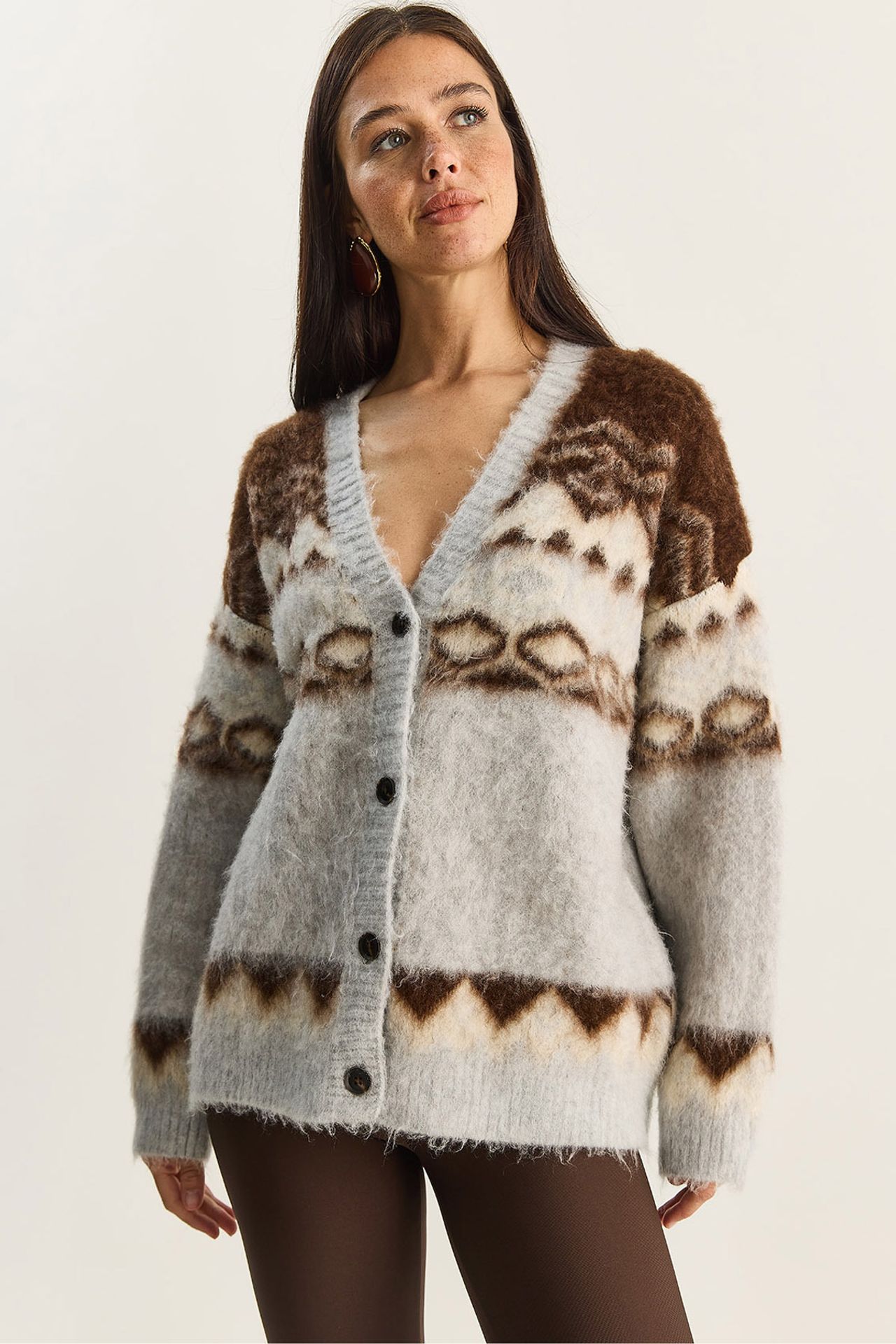 LUCCI Thick Ethnic Pattern V-neck Cardigan with Buttons 1