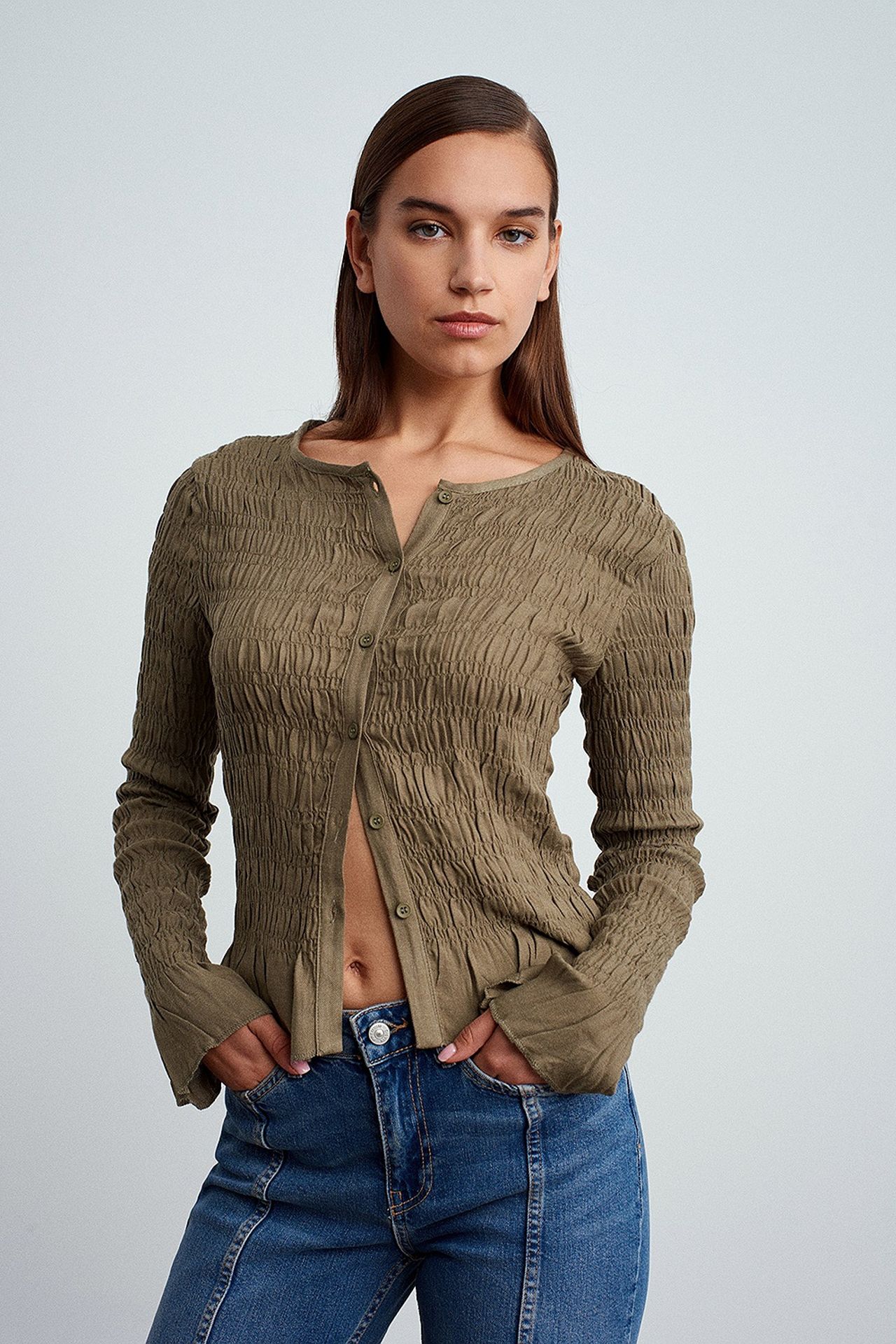 DILVIN Textured Knit Button-Front Blouse 5