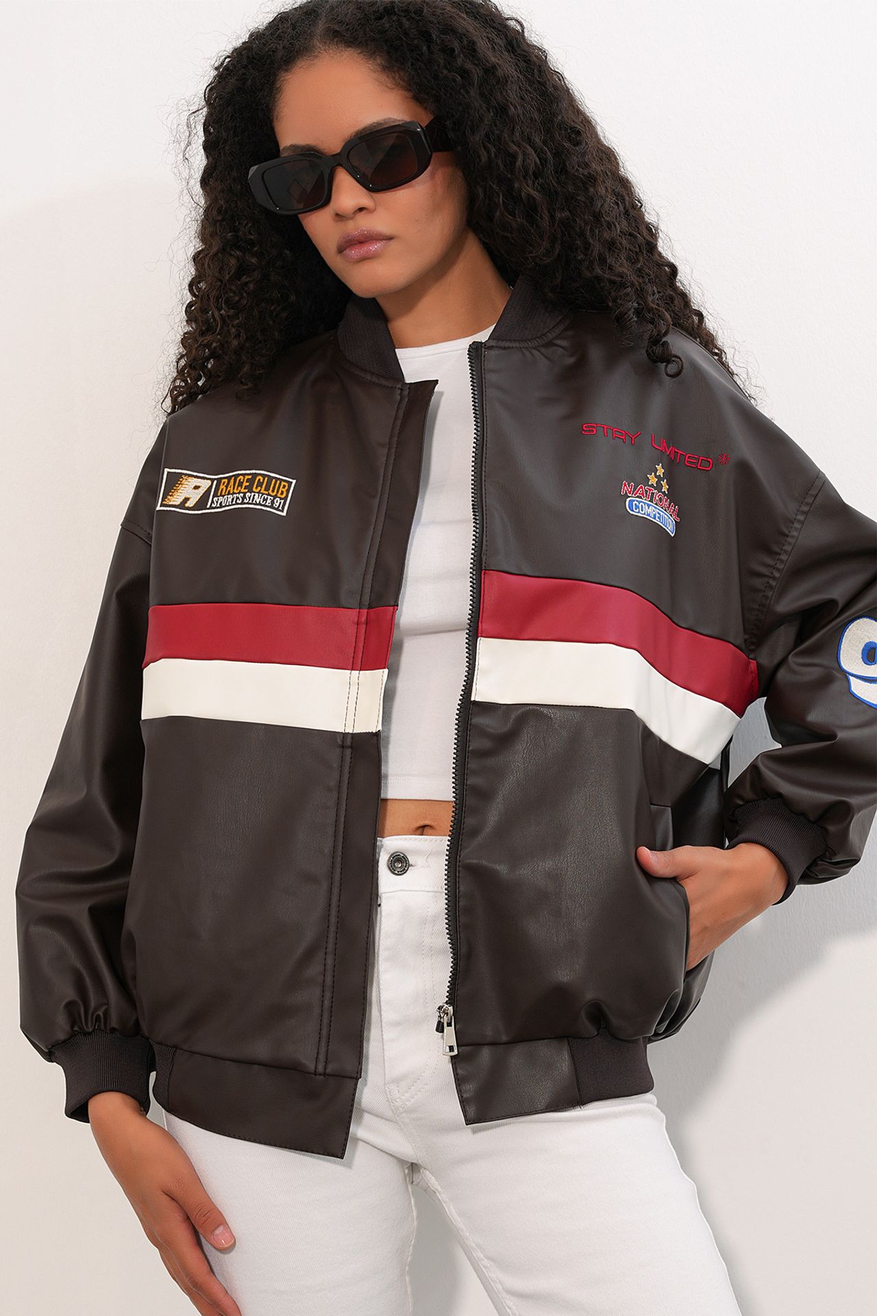 BDART Fitted Crop Faux Leather Bomber Jacket with Bow 4